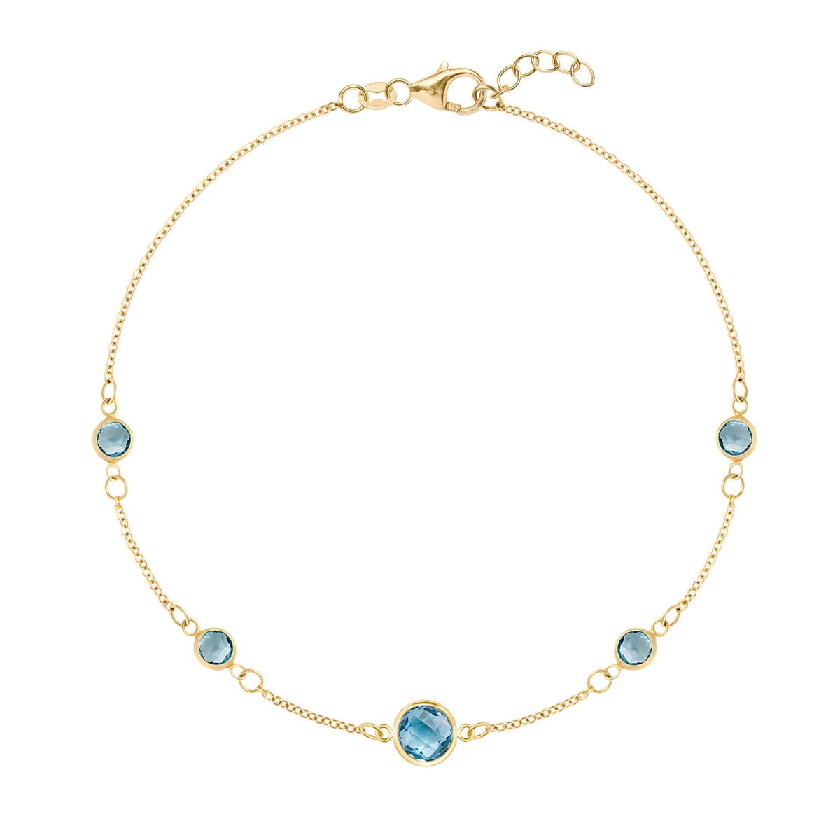 Grand & Classic bracelet featuring one 6 mm and four 4 mm Nantucket Blue Topaz bezel set in 14k yellow gold - front view