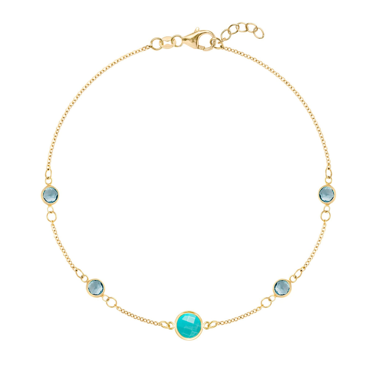 Grand & Classic bracelet featuring one 6 mm Turquoise and four 4 mm Nantucket Blue Topaz bezel set in 14k gold - front view