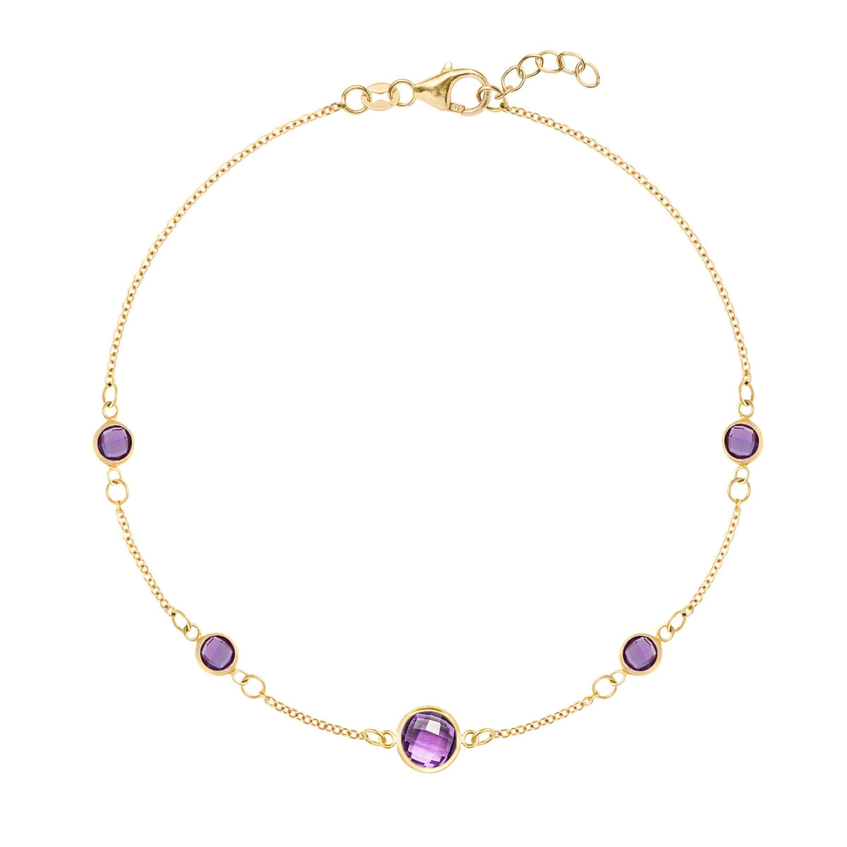 Grand & Classic bracelet featuring one 6 mm and four 4 mm Amethysts bezel set in 14k yellow gold - front view