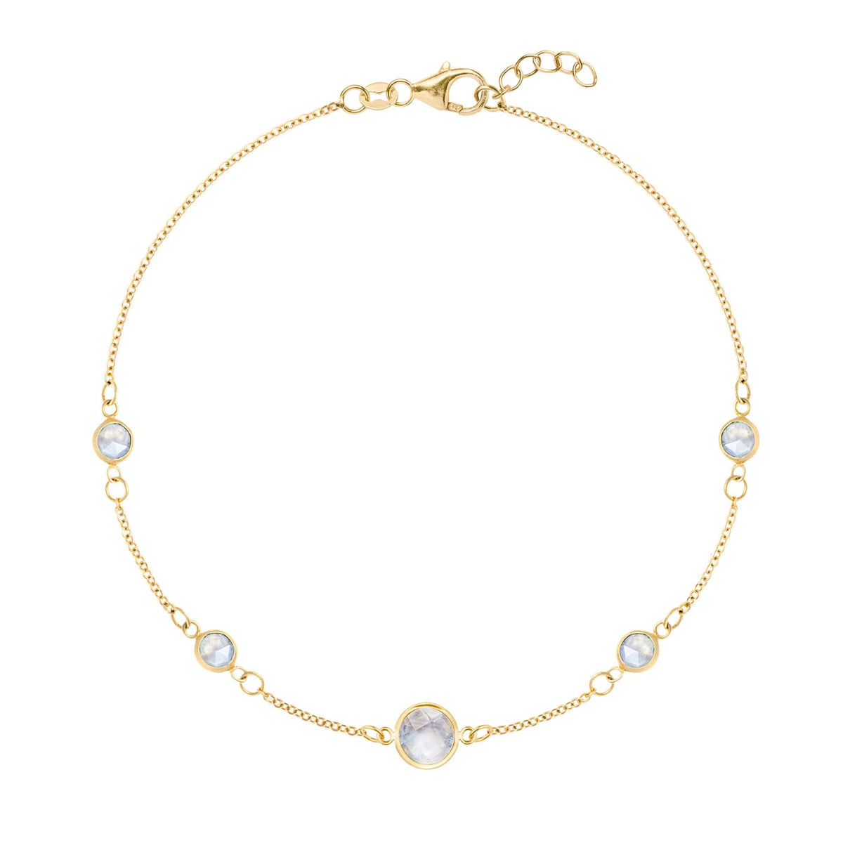 Grand & Classic bracelet featuring one 6 mm and four 4 mm Moonstones bezel set in 14k yellow gold - front view