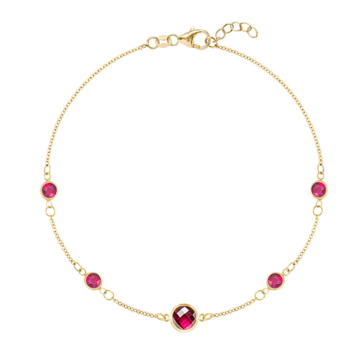 Grand & Classic bracelet featuring one 6 mm and four 4 mm Rubies bezel set in 14k yellow gold - front view