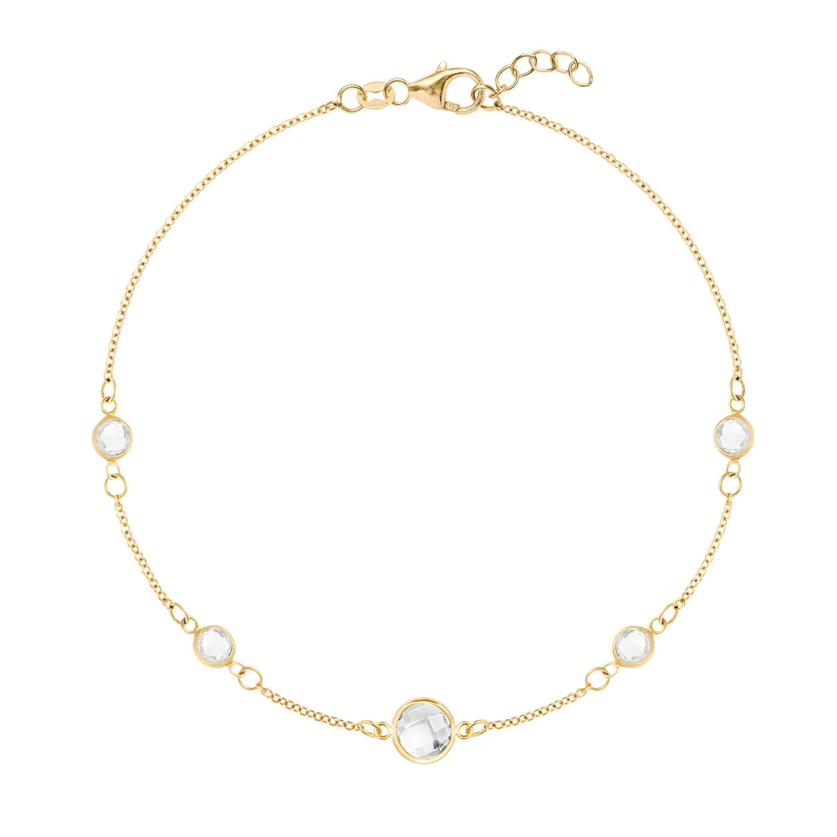 Grand 1.17 mm cable chain bracelet in 14k gold featuring four 4 mm & one 6 mm briolette cut bezel set gemstones - front view