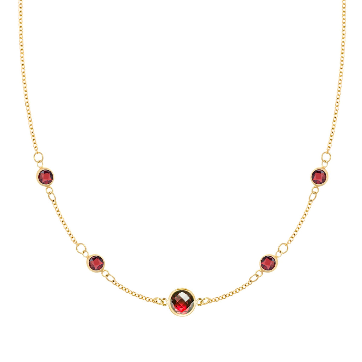 Grand & Classic necklace featuring one 6 mm and four 4 mm Garnets bezel set in 14k yellow gold - front view