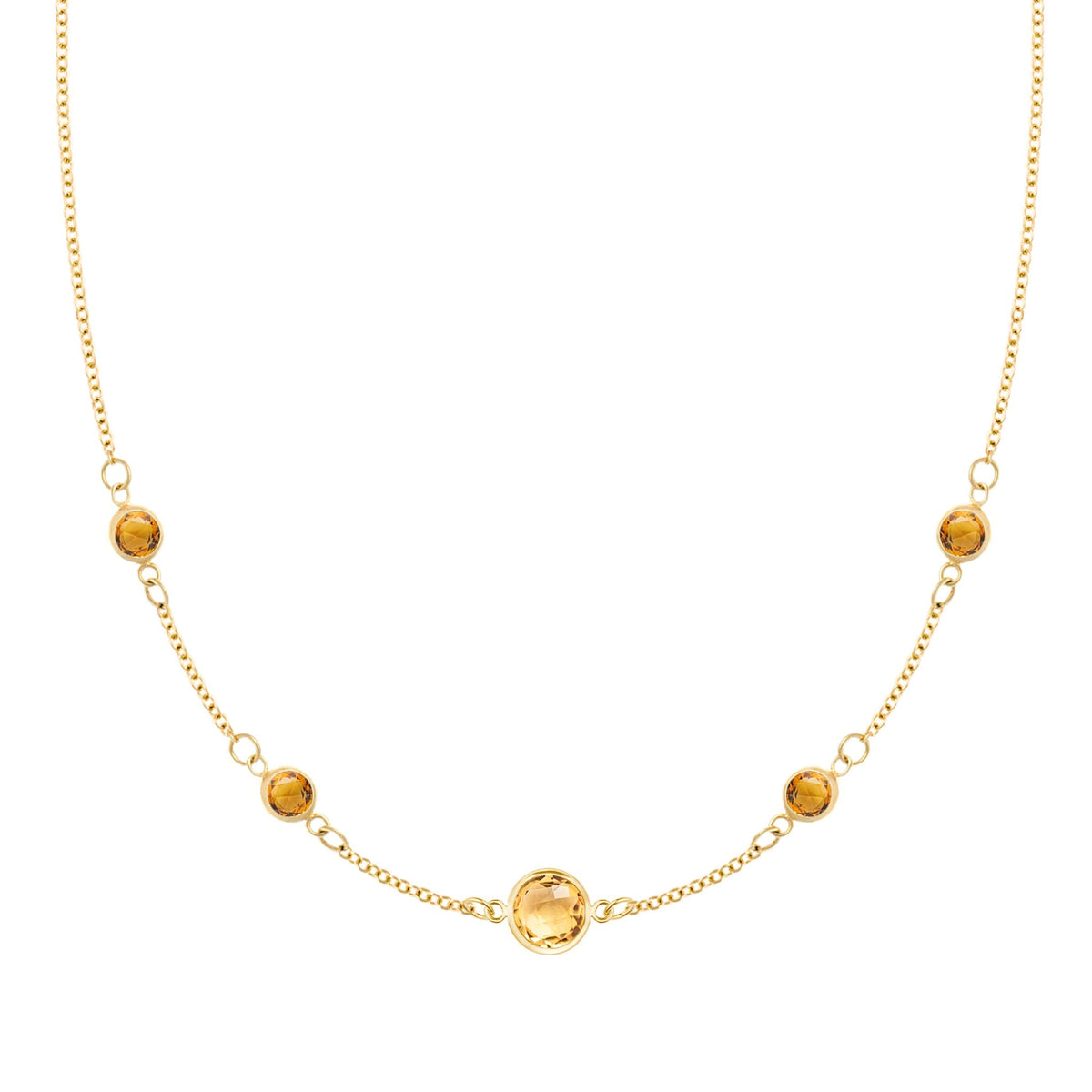Grand & Classic necklace featuring one 6 mm and four 4 mm Citrines bezel set in 14k yellow gold - front view