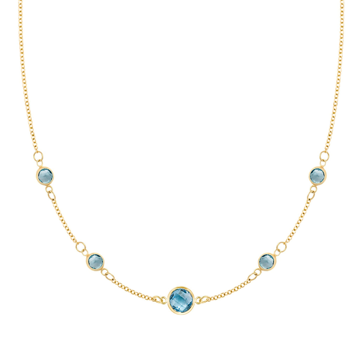 Grand & Classic necklace featuring one 6 mm and four 4 mm Nantucket Blue Topaz bezel set in 14k yellow gold - front view