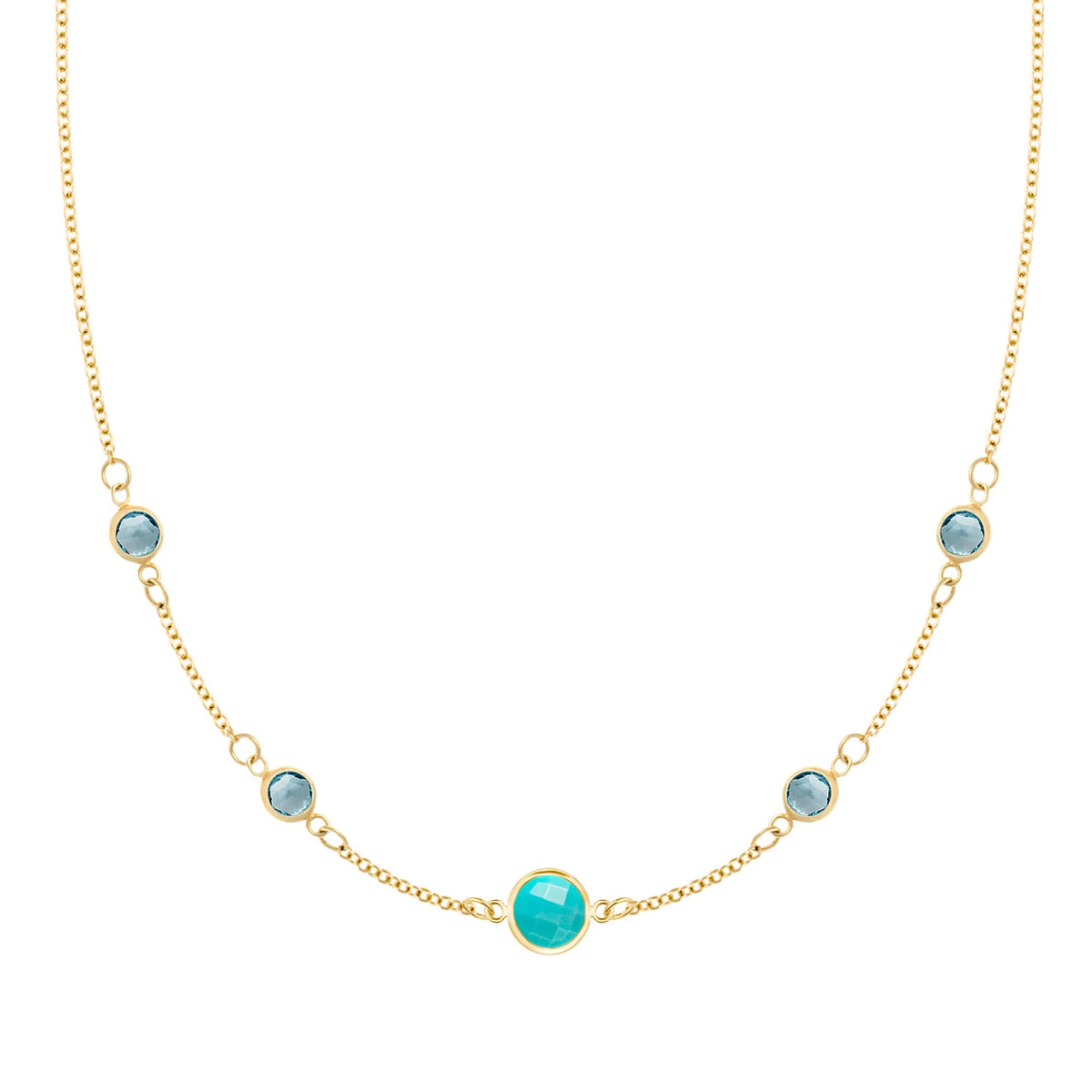 Grand & Classic necklace featuring one 6 mm Turquoise and four 4 mm Nantucket Blue Topaz bezel set in 14k gold - front view