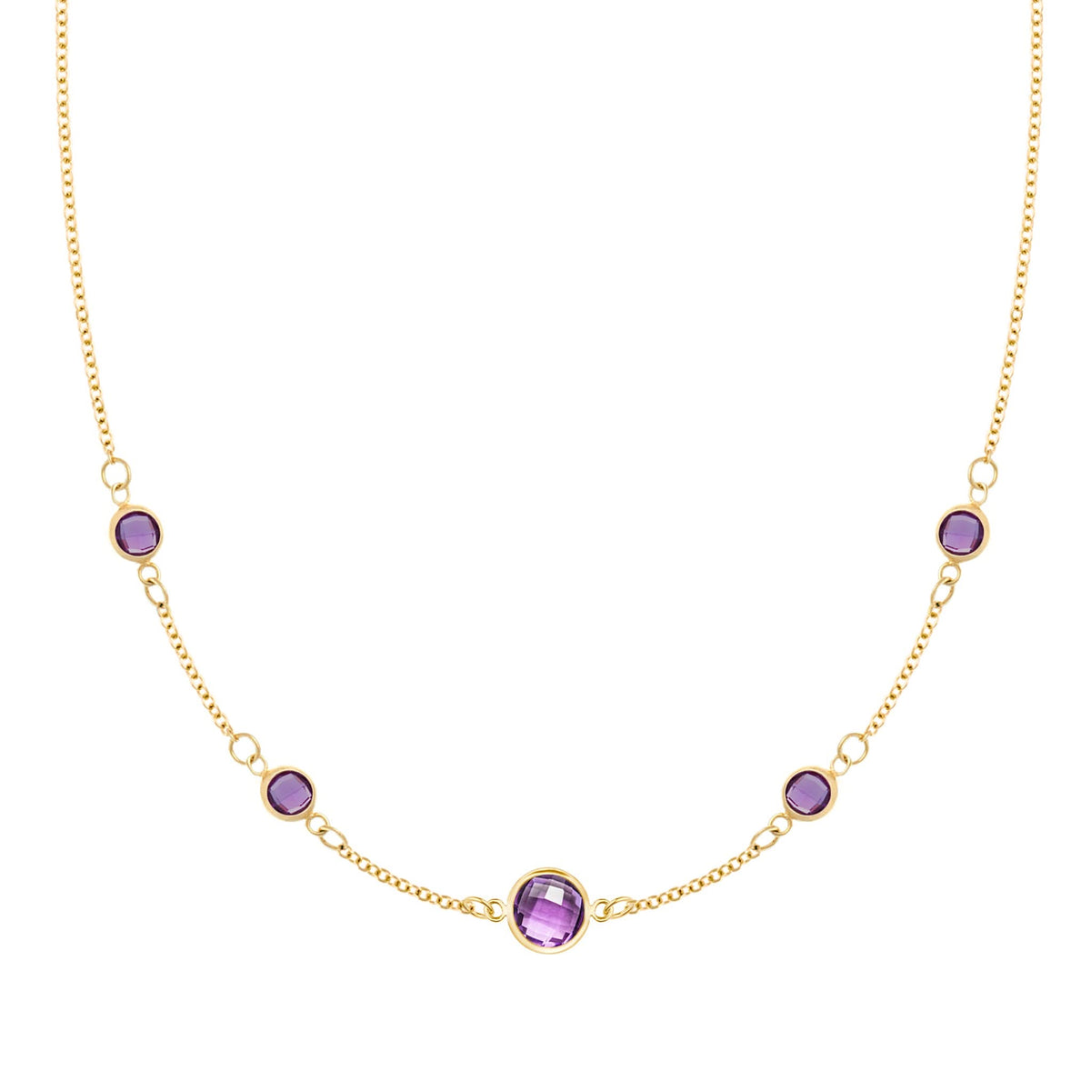 Grand & Classic necklace featuring one 6 mm and four 4 mm Amethysts bezel set in 14k yellow gold - front view