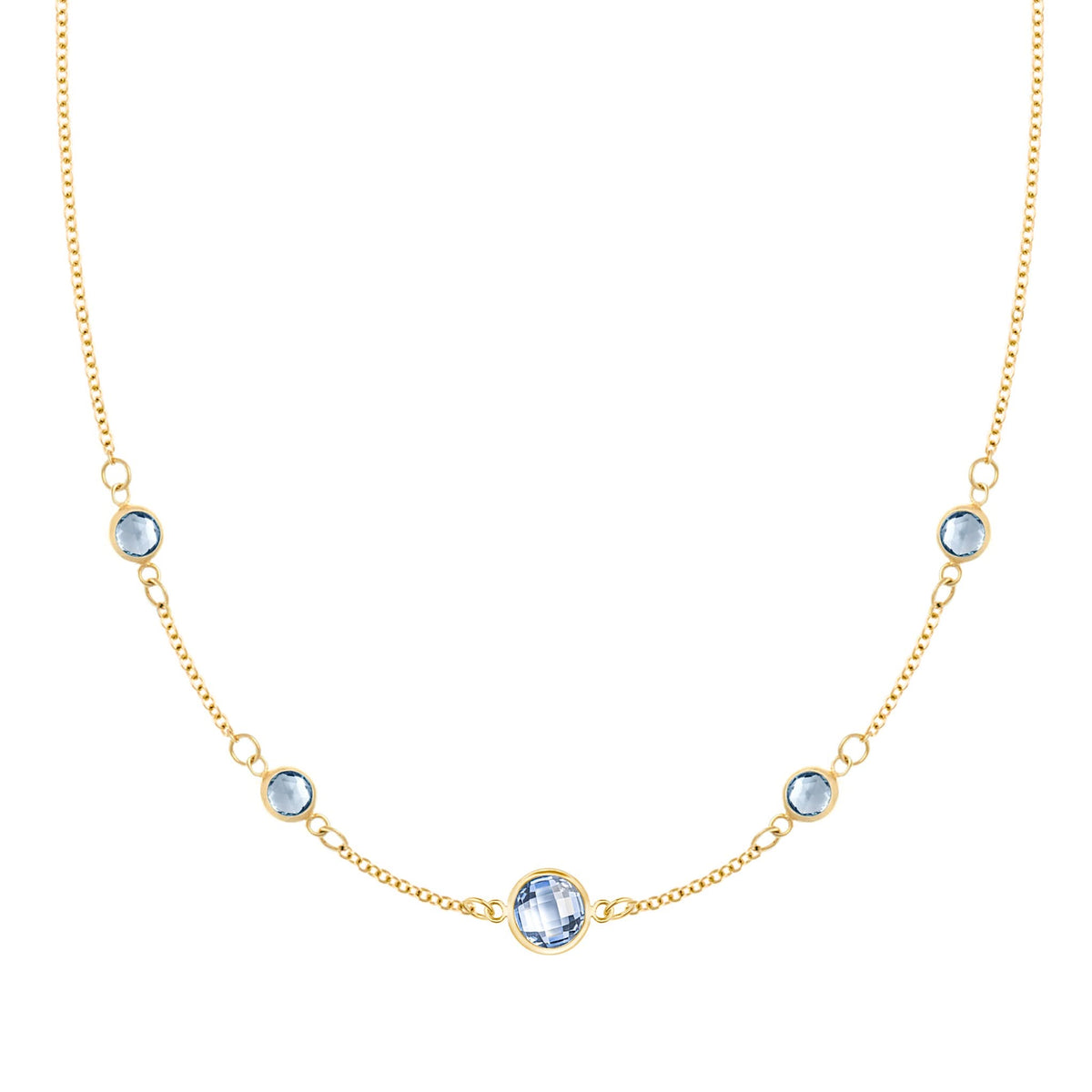 Grand & Classic necklace featuring one 6 mm and four 4 mm Aquamarines bezel set in 14k yellow gold - front view