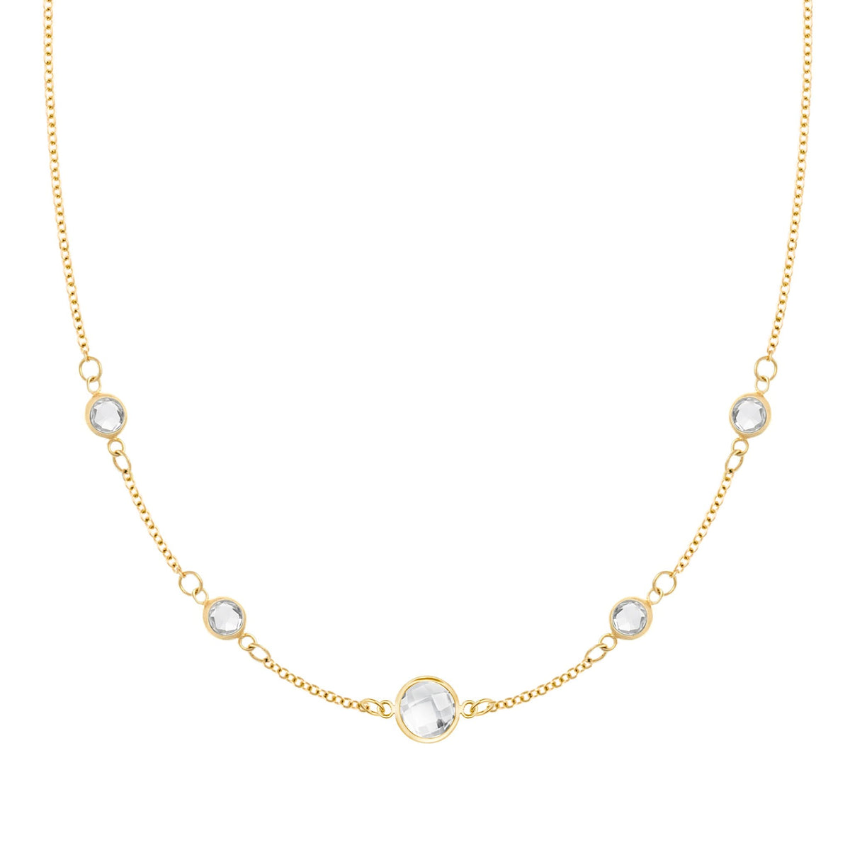 Grand & Classic necklace featuring one 6 mm and four 4 mm White Topaz bezel set in 14k yellow gold - front view