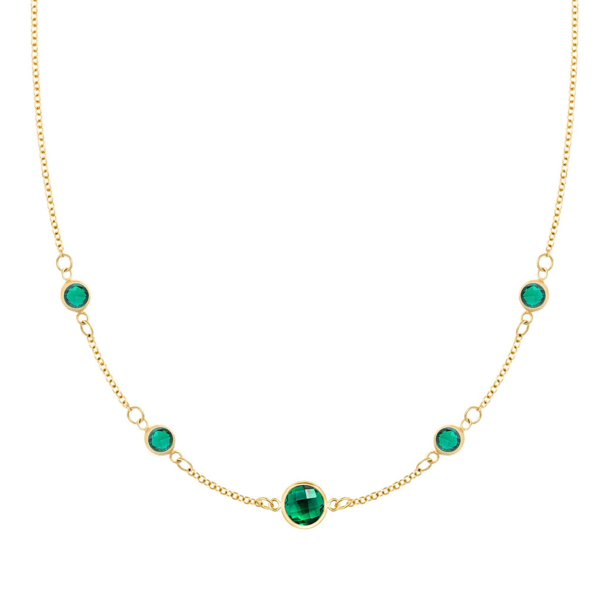 Grand & Classic necklace featuring one 6 mm and four 4 mm Emeralds bezel set in 14k yellow gold - front view