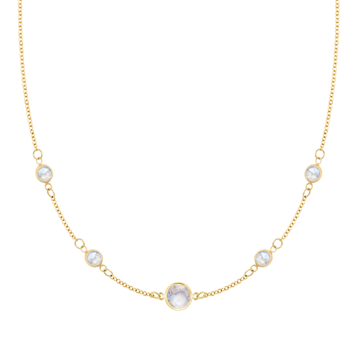 Grand & Classic necklace featuring one 6 mm and four 4 mm Moonstones bezel set in 14k yellow gold - front view
