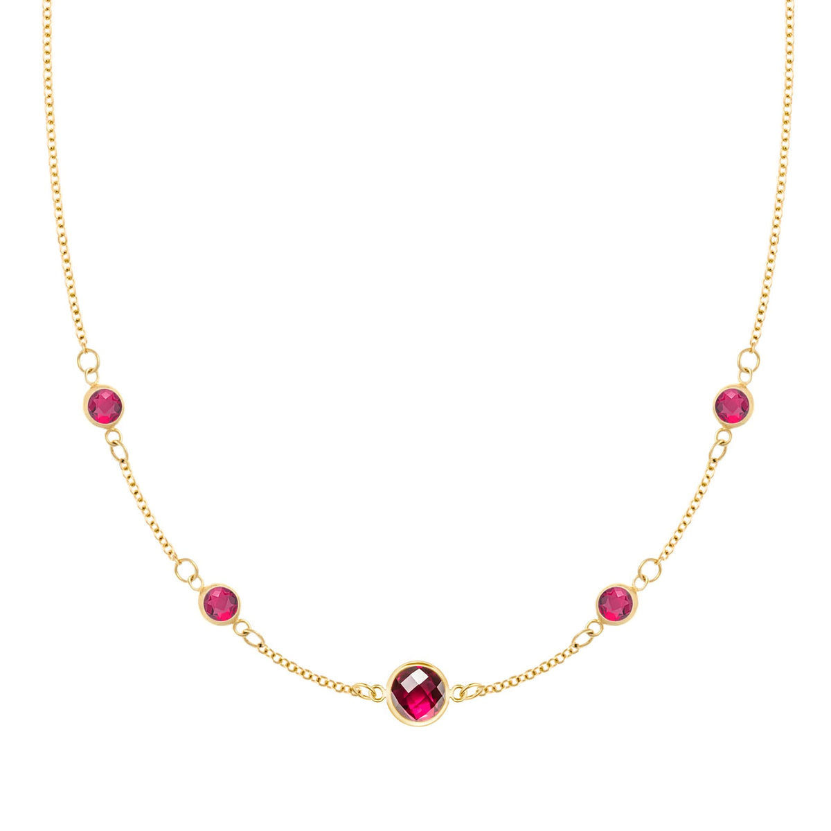 Grand & Classic necklace featuring one 6 mm and four 4 mm Rubies bezel set in 14k yellow gold - front view