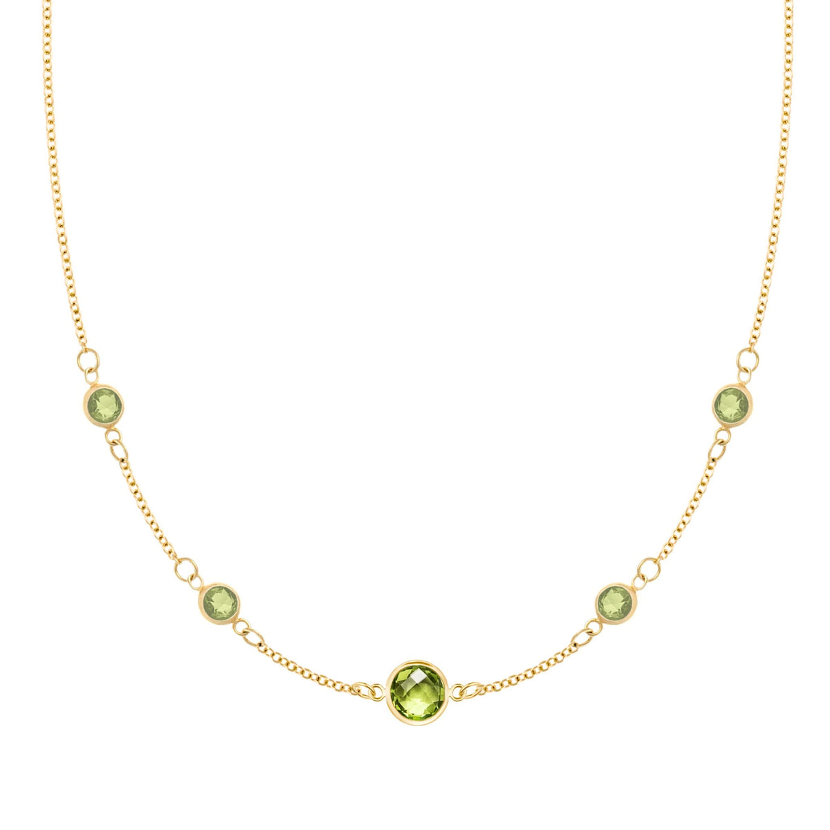 Grand & Classic necklace featuring one 6 mm and four 4 mm Peridots bezel set in 14k yellow gold - front view