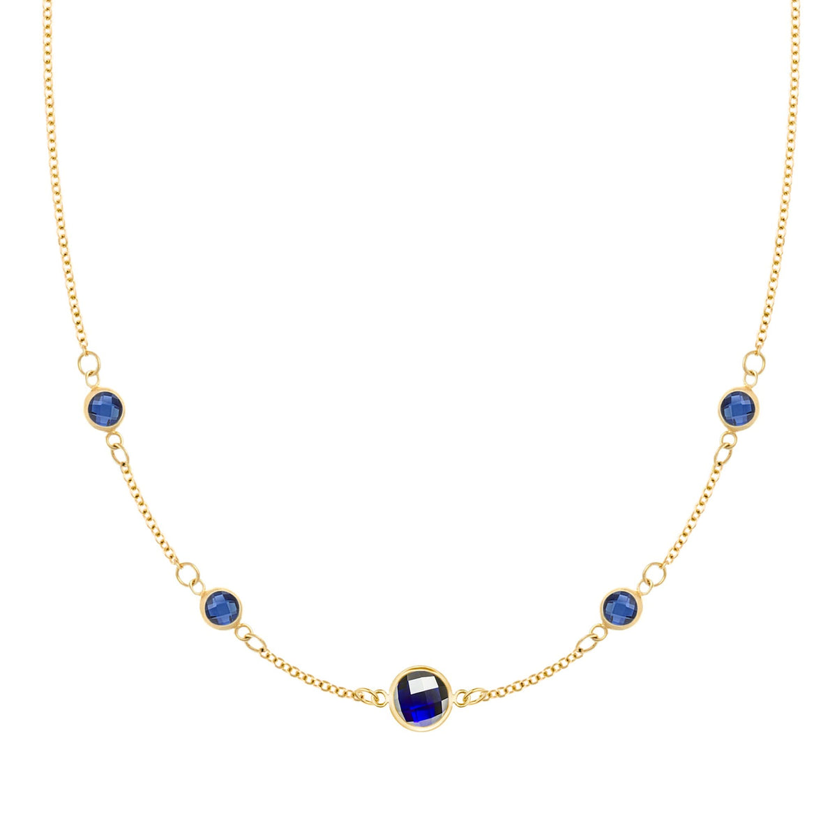 Grand & Classic necklace featuring one 6 mm and four 4 mm Sapphires bezel set in 14k yellow gold - front view