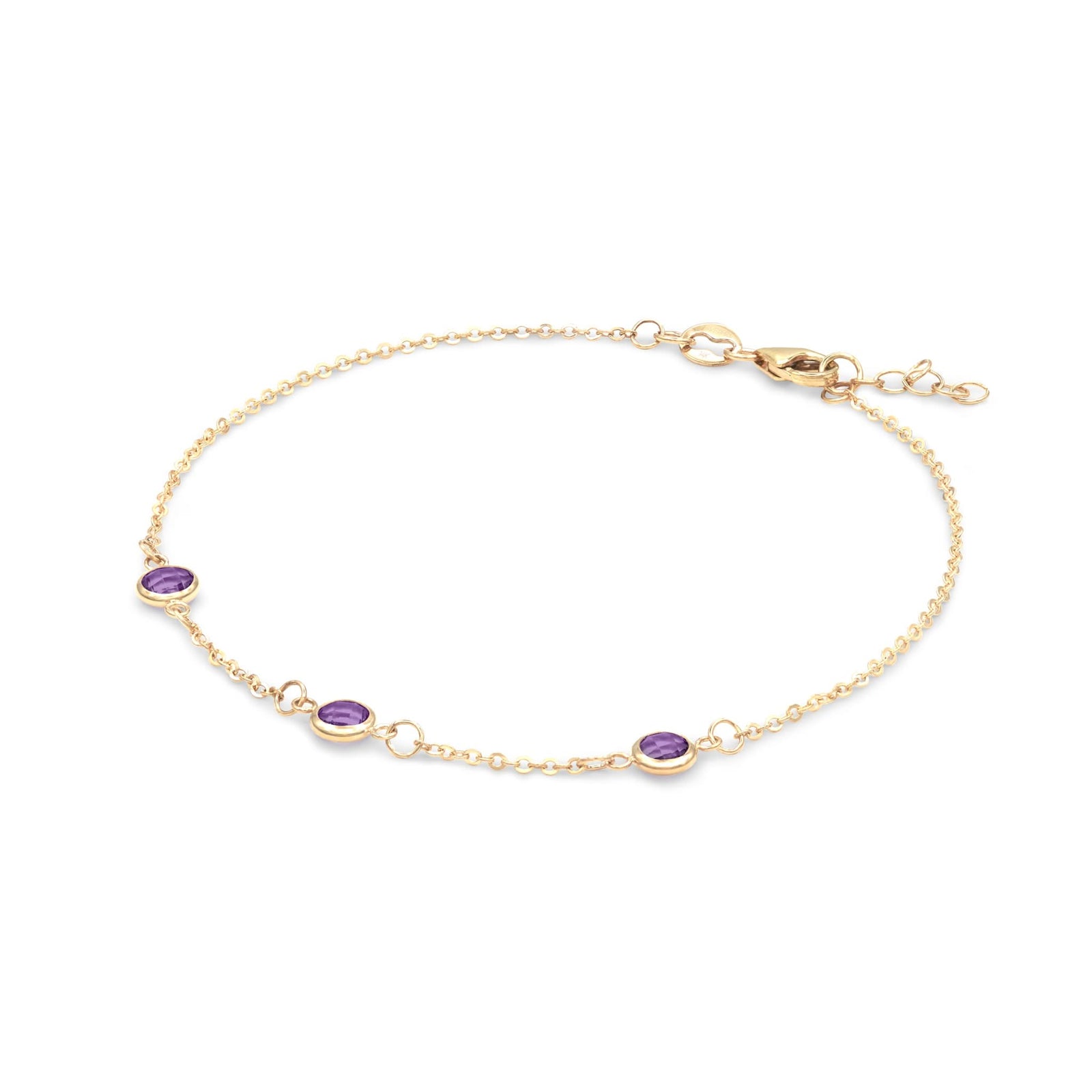 Bayberry 1.17 mm cable chain bracelet featuring three 4 mm briolette cut amethysts bezel set in 14k yellow gold - angled view