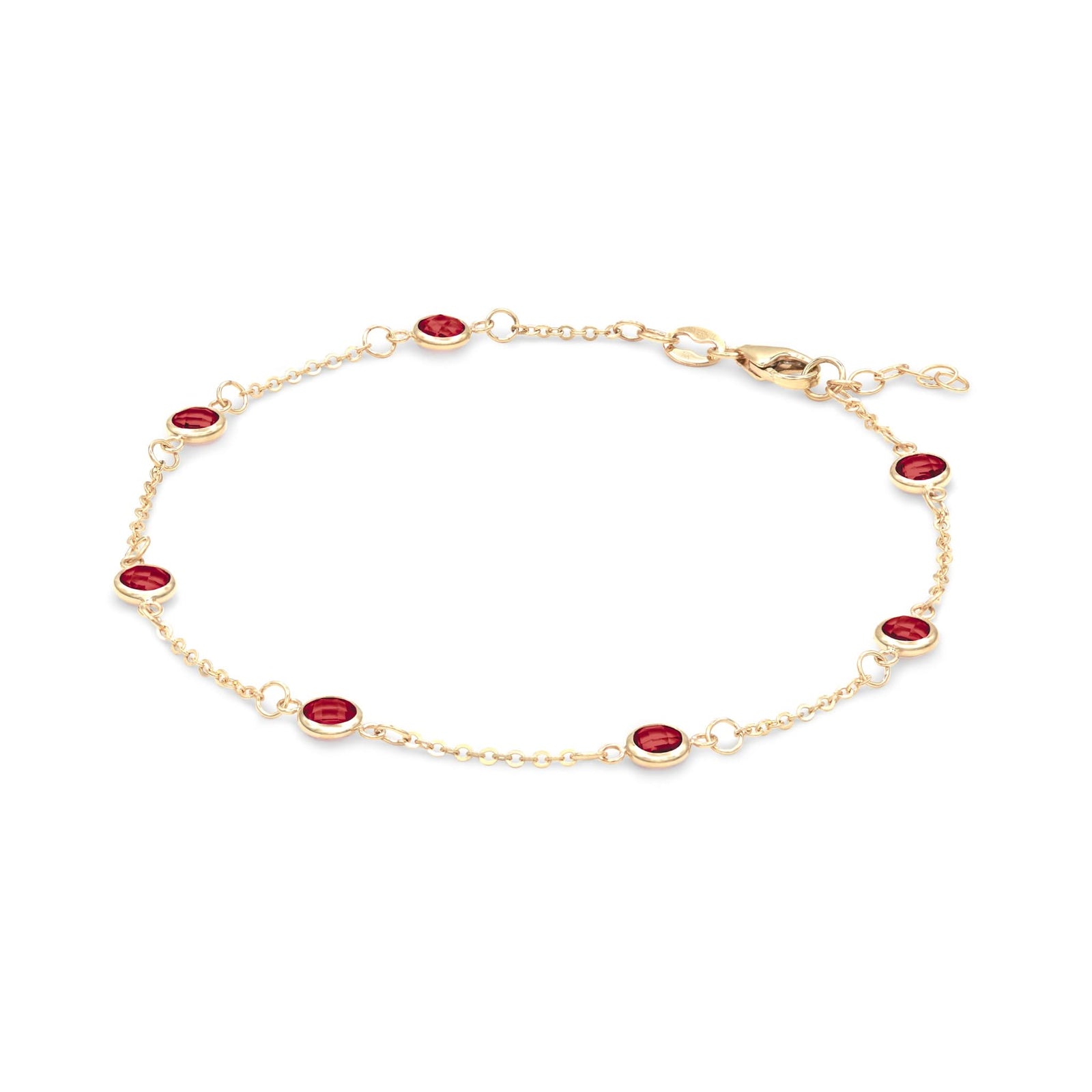 Bayberry 1.17 mm cable chain birthstone bracelet featuring seven 4 mm briolette garnets bezel set in 14k gold - angled view
