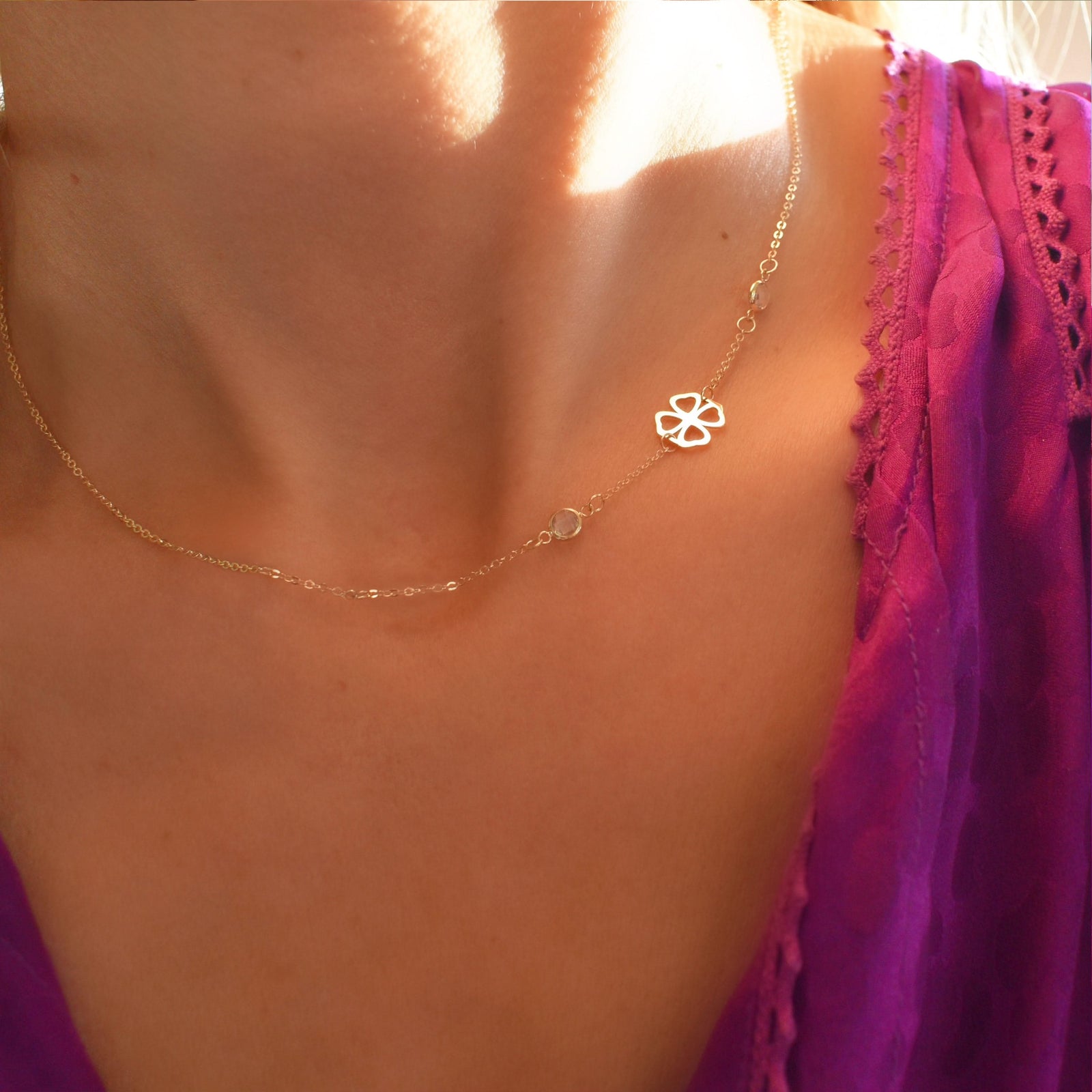 Clover & Petite 2 Birthstone Necklace in 14k Gold