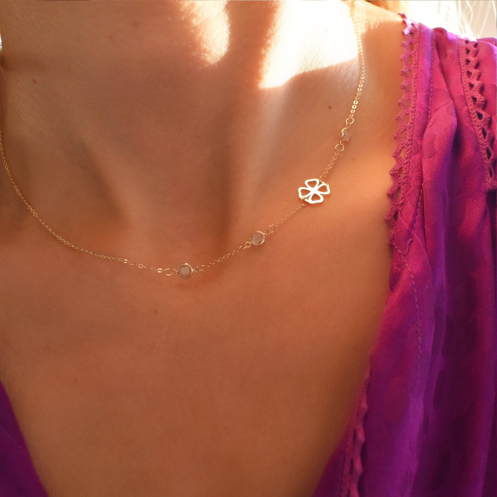 Clover & Petite 3 Birthstone Necklace in 14k Gold