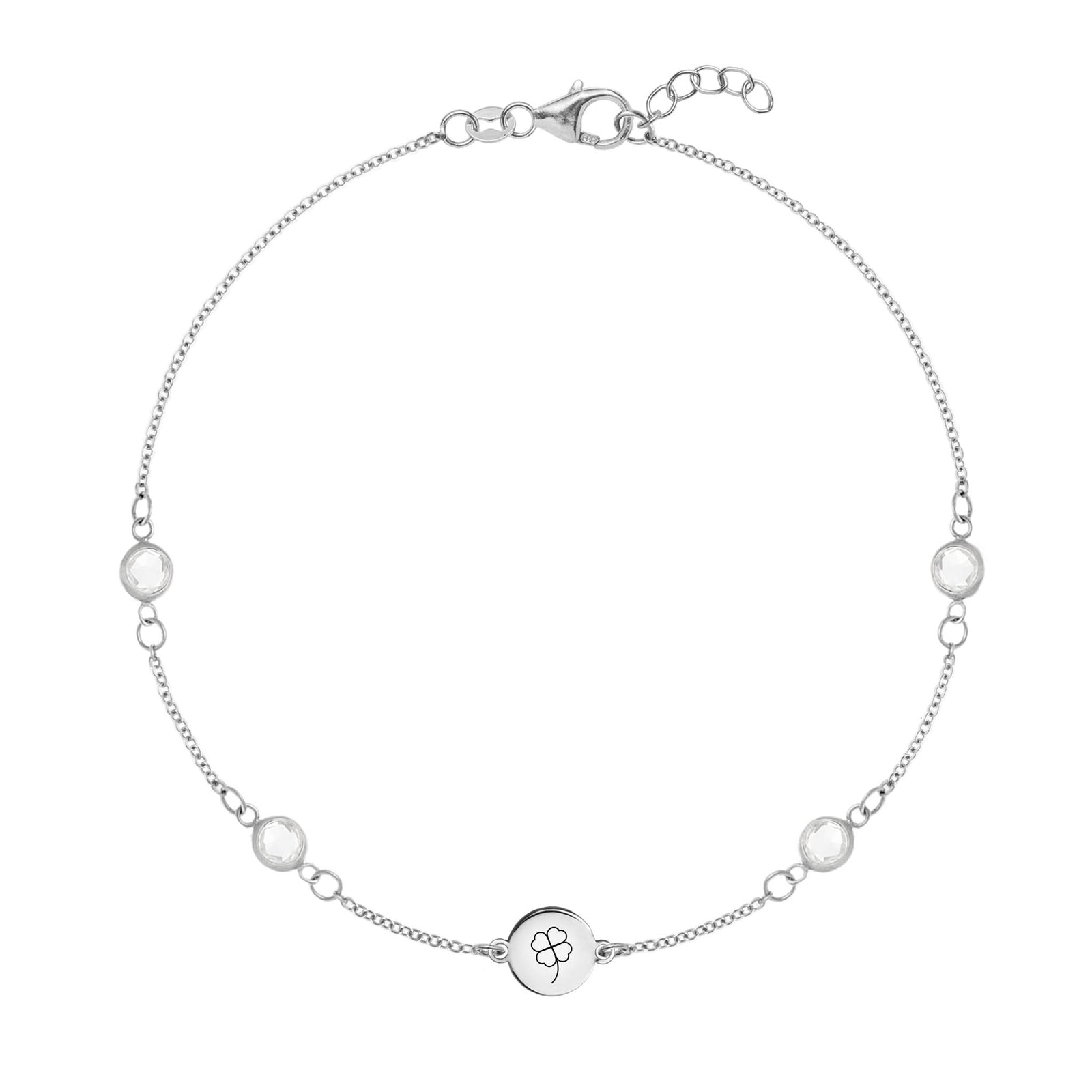 14k white gold Classic bracelet featuring four birthstones and one 1/4” flat disc, engraved with a four leaf clover