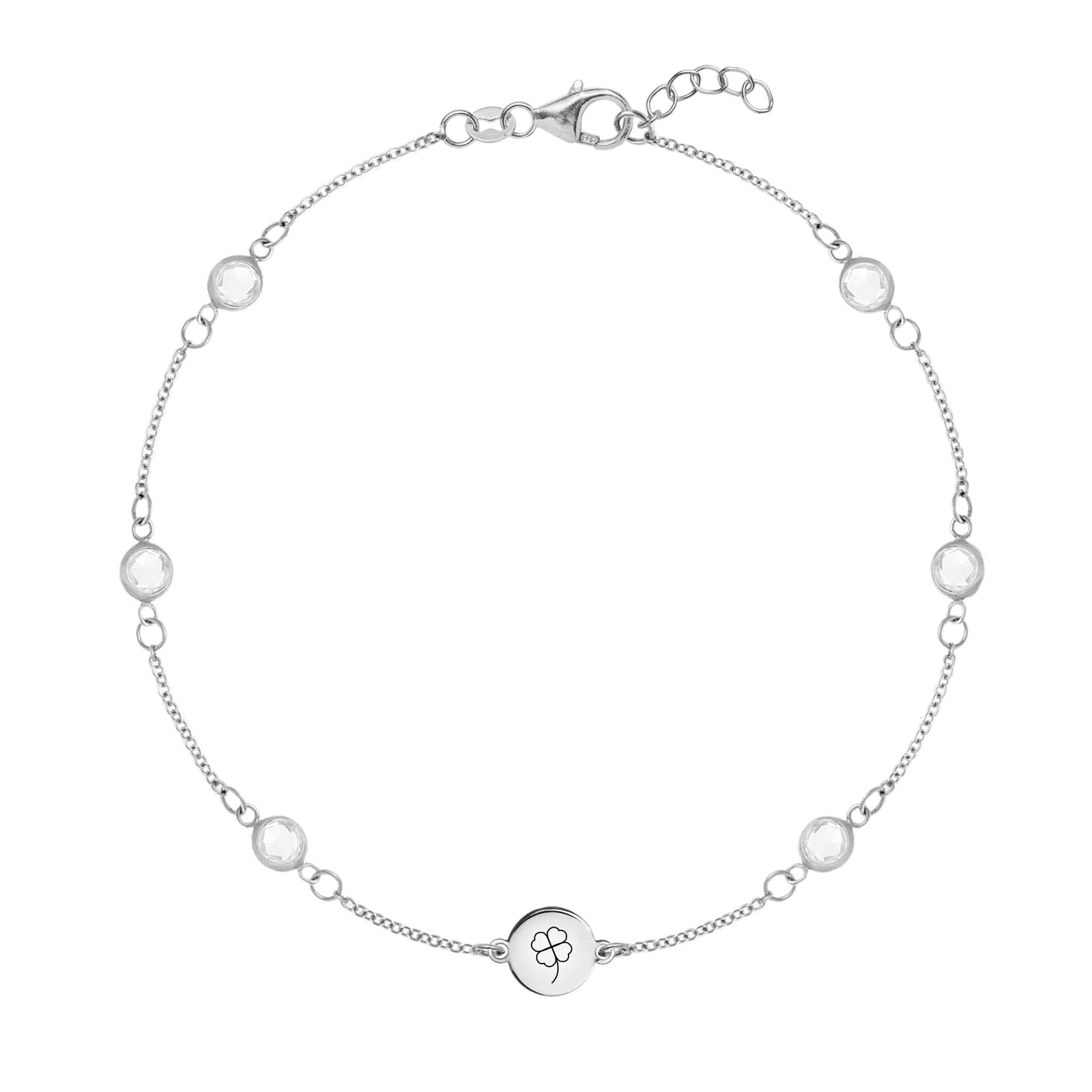 14k white gold Classic bracelet featuring six birthstones and one 1/4” flat disc, engraved with a four leaf clover