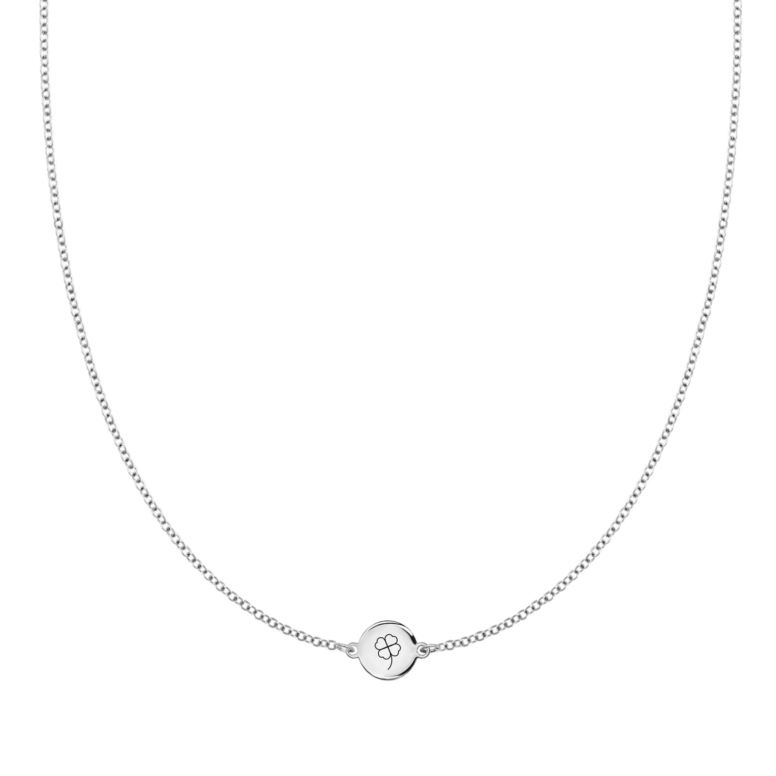 14k white gold 1.17 mm cable chain necklace featuring one 1/4” flat disc engraved with a four leaf clover