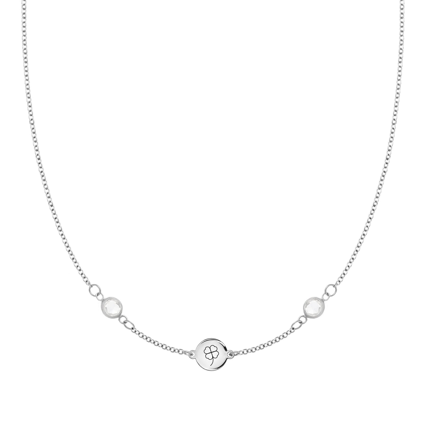14k white gold Classic necklace featuring two birthstones and one 1/4” flat disc engraved with a four leaf clover