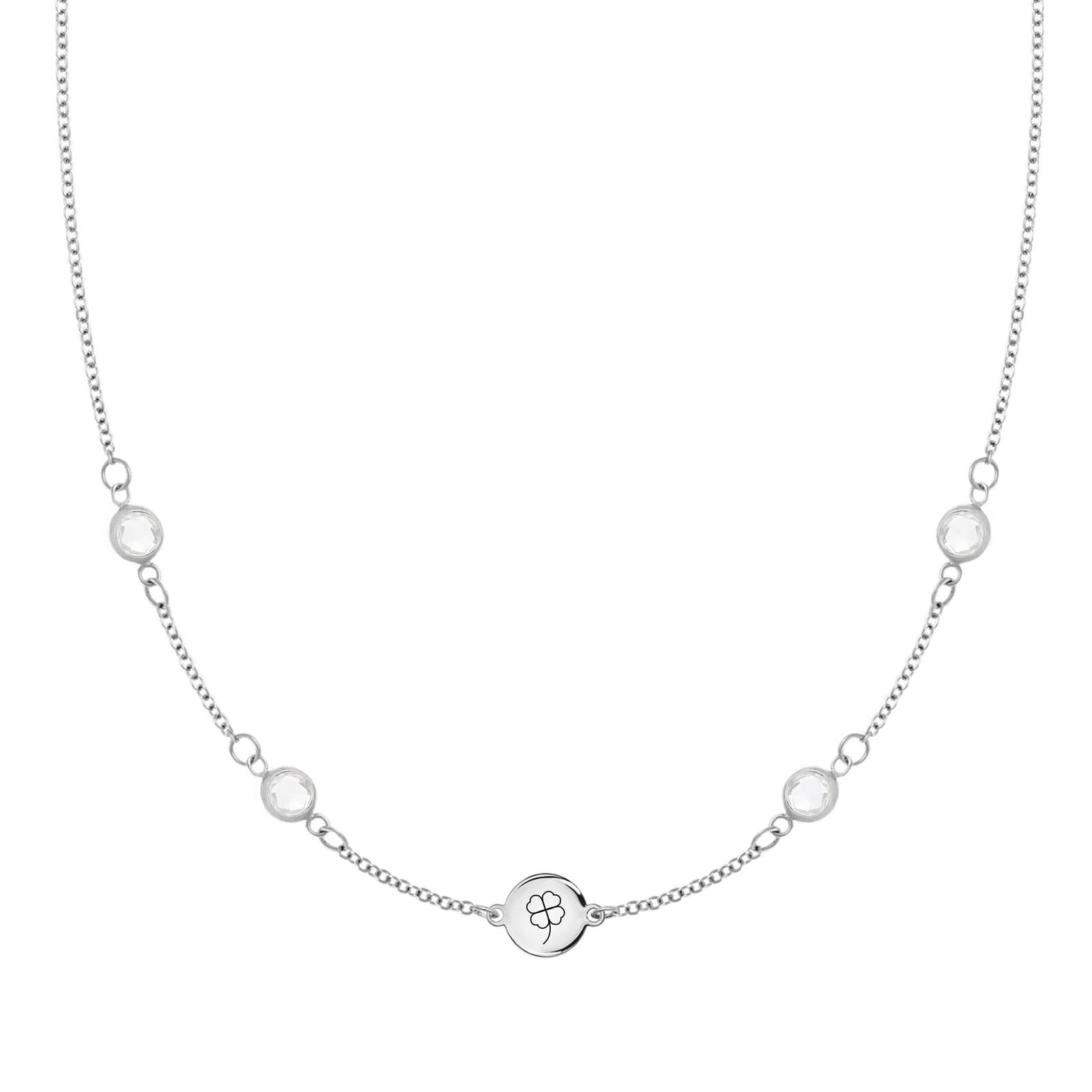 14k white gold Classic necklace featuring four birthstones and one 1/4” flat disc engraved with a four leaf clover