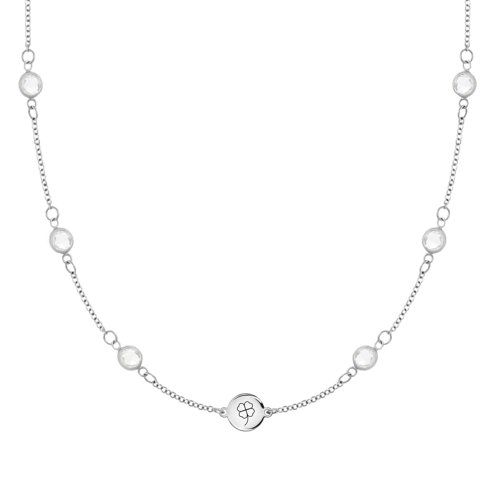 14k white gold Classic necklace featuring six birthstones and one 1/4” flat disc engraved with a four leaf clover