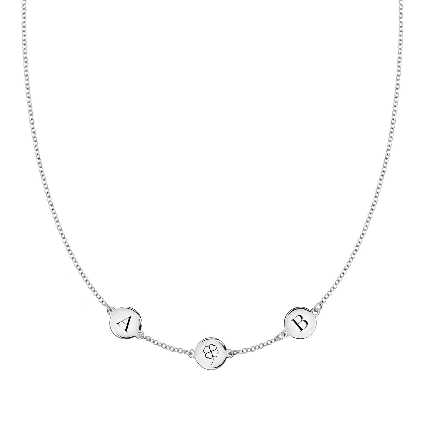 14k white necklace featuring three 1/4” flat discs, one engraved with a four leaf clover, two with letters