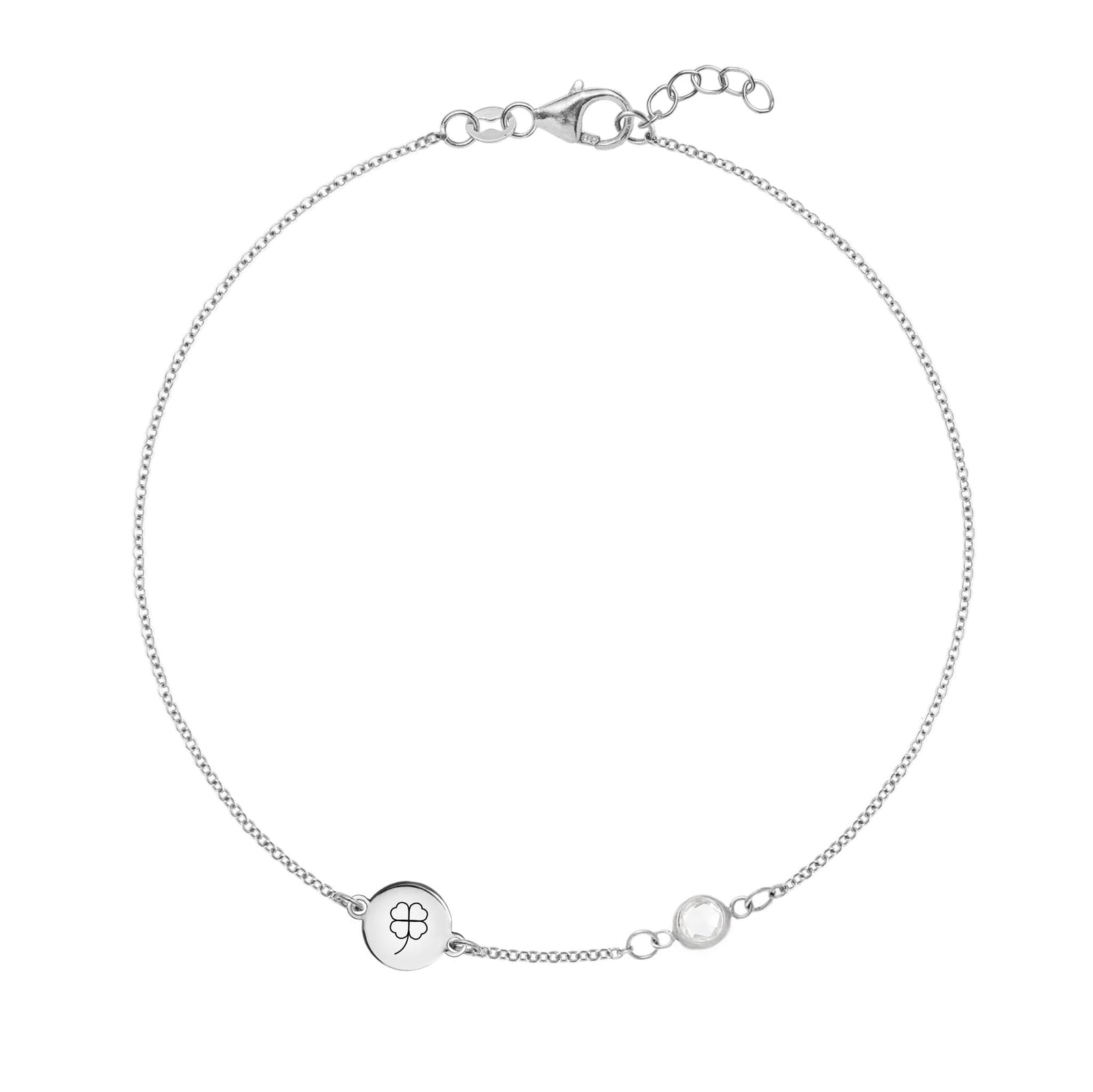 14k white gold Classic bracelet featuring one birthstone and one 1/4” flat disc, engraved with a four leaf clover