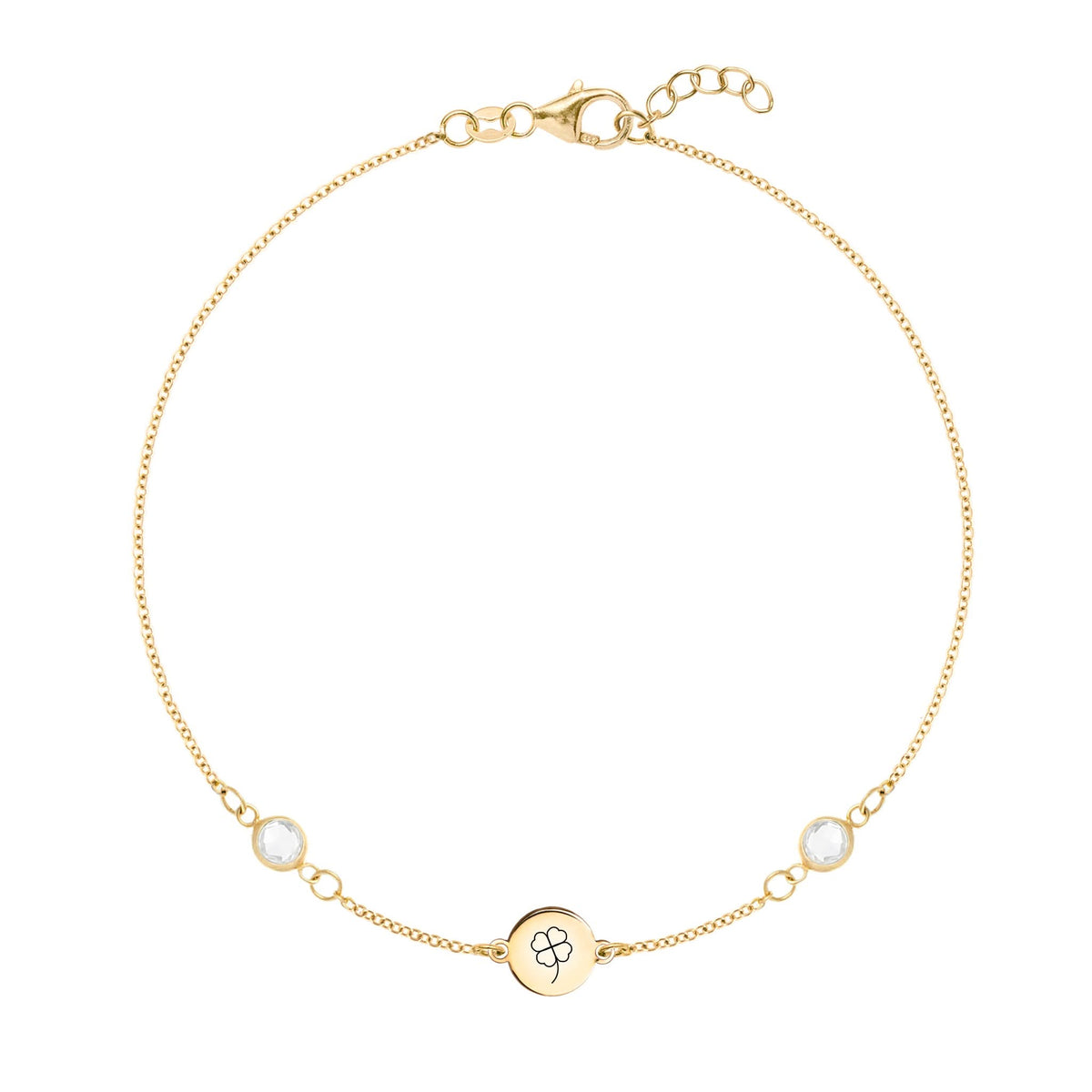 14k yellow gold Classic bracelet featuring two birthstones and one 1/4” flat disc, engraved with a four leaf clover