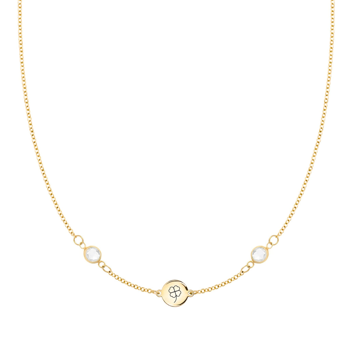 14k gold Classic necklace featuring two birthstones and one 1/4” flat disc engraved with a four leaf clover - front view