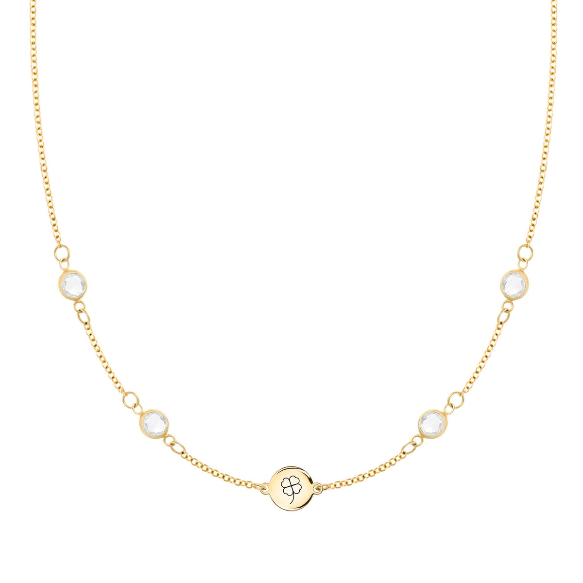 14k gold Classic necklace featuring four birthstones and one 1/4” flat disc engraved with a four leaf clover - front view