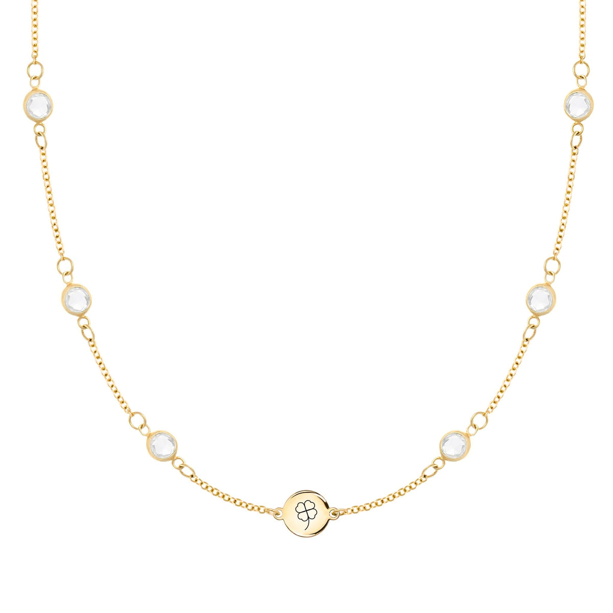 14k gold Classic necklace featuring six birthstones and one 1/4” flat disc engraved with a four leaf clover - front view