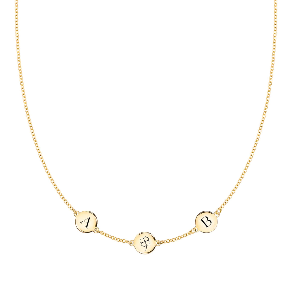 14k gold necklace featuring three 1/4” flat discs, one engraved with a four leaf clover, two with letters - front view