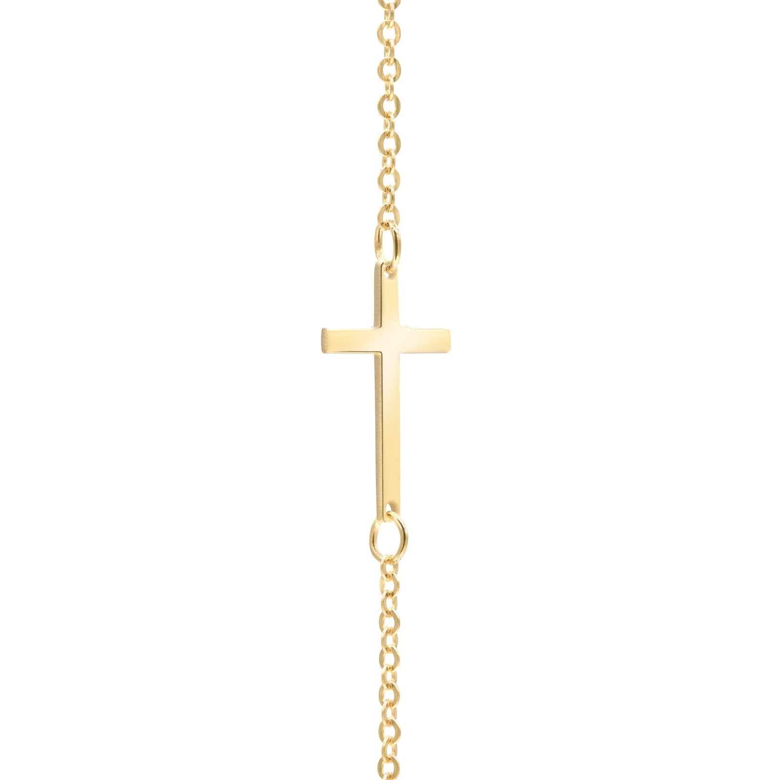 14k yellow gold 1.17 mm cable chain necklace featuring a 1/2" cutout cross - angled view
