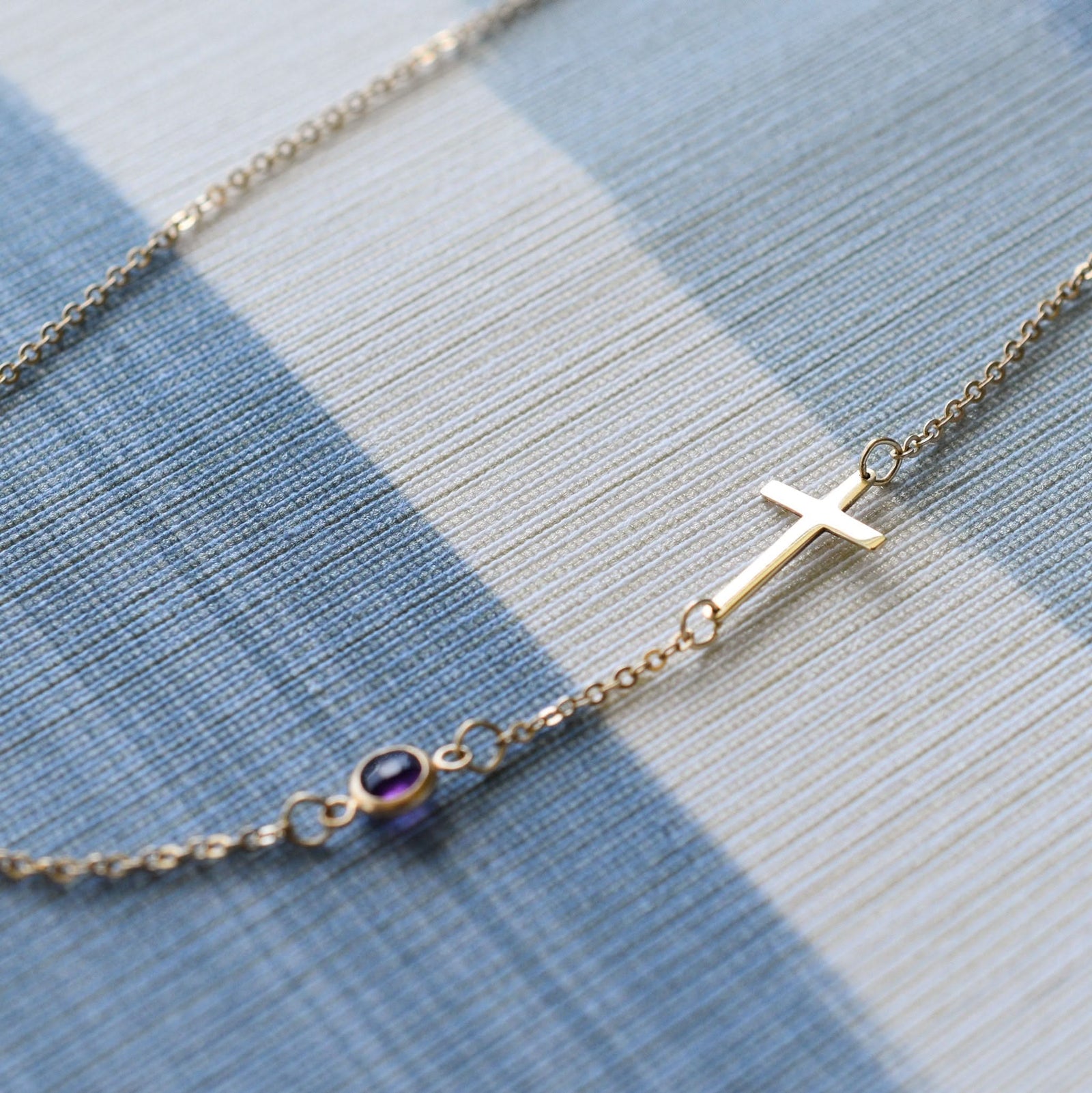 14k yellow gold Classic necklace featuring one birthstone and a 1/2" cutout cross