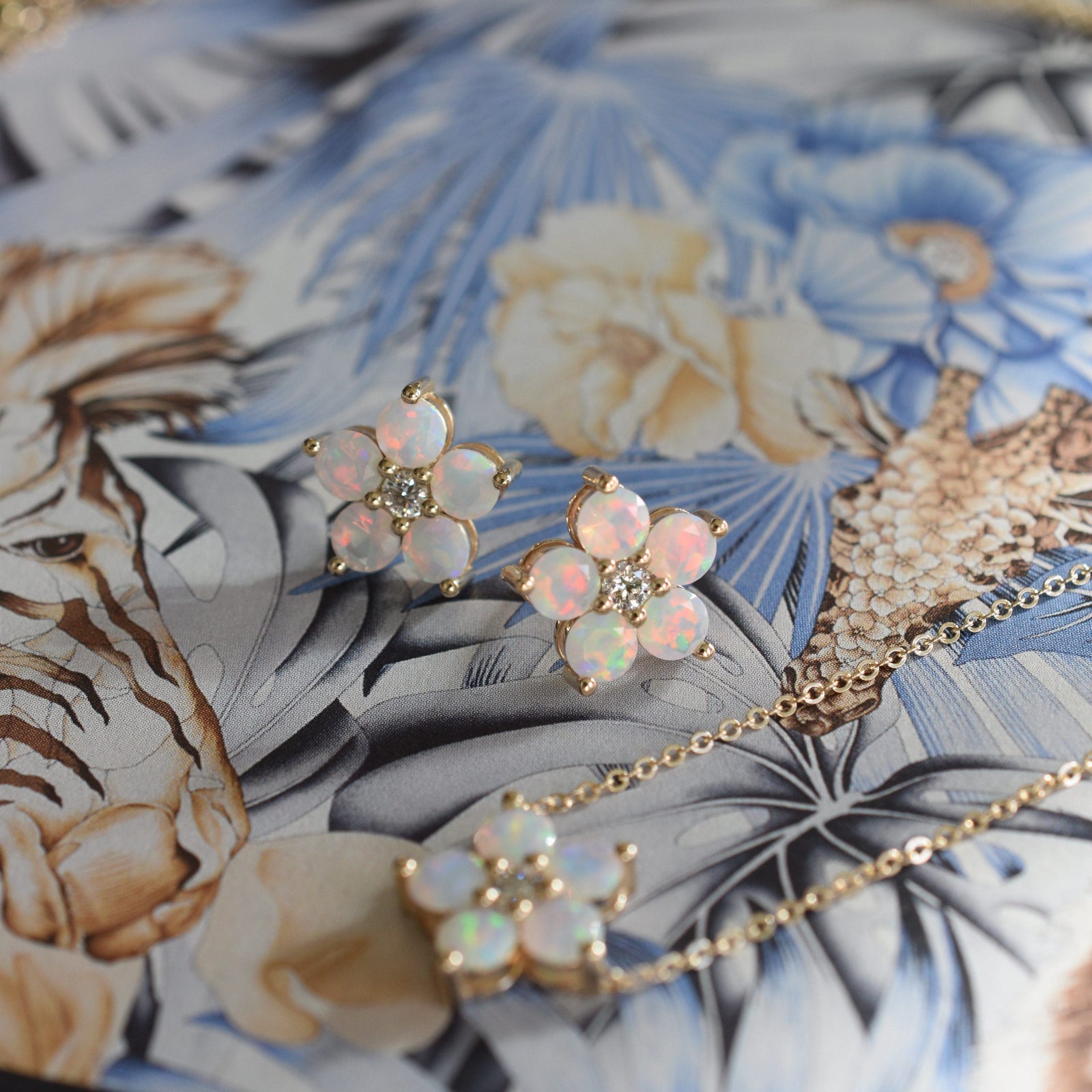 Necklace and a pair of 14k yellow gold Greenwich 5 Birthstone earrings each featuring five 4 mm opals and one 2.1 mm diamond