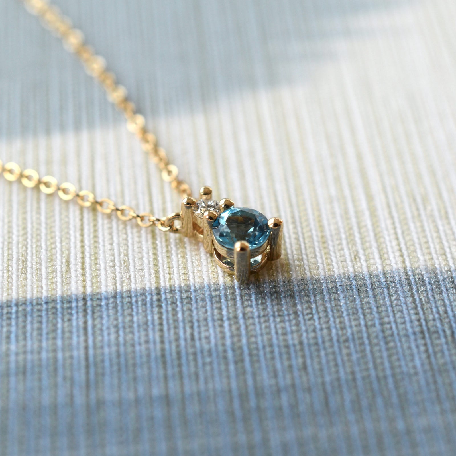 The Vault: Greenwich Solitaire Nantucket Blue Topaz & Diamond Necklace, Yellow Gold Size Small with 1" Extender