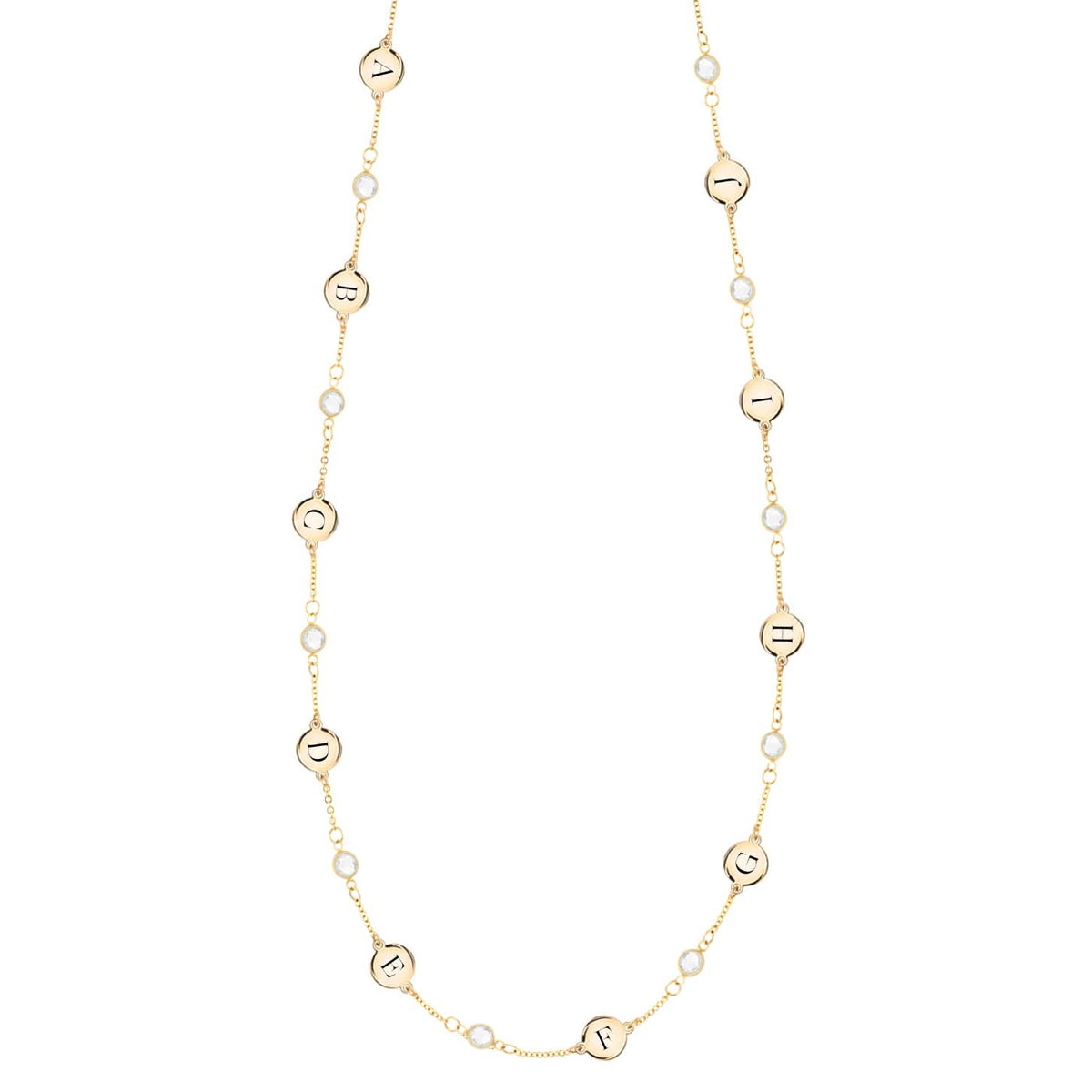 14k gold Classic necklace featuring 10 birthstones and 10 flat discs engraved with the letters ABCDEFGHIJ - front view