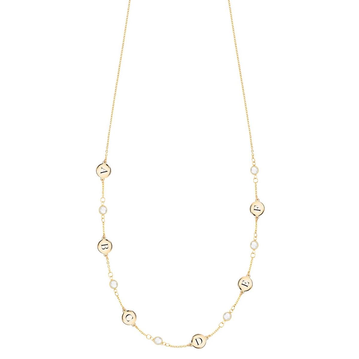 14k yellow gold Classic necklace featuring six round birthstones and six 1/4” flat letter-engraved discs - front view