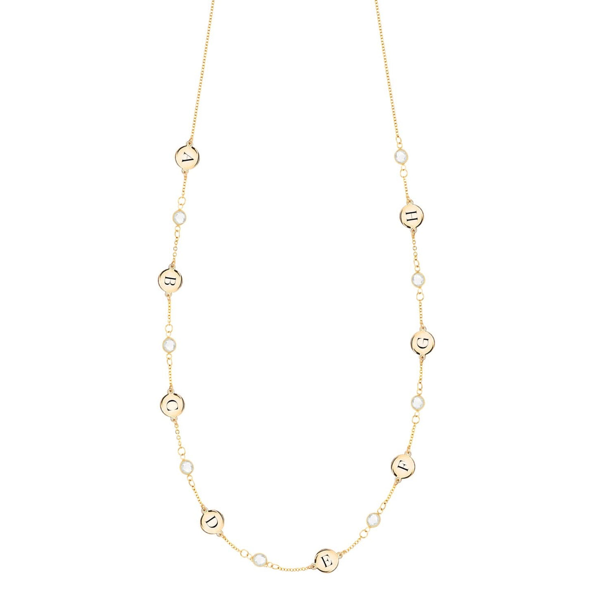 14k yellow gold Classic necklace featuring eight round birthstones and eight 1/4” flat letter-engraved discs - front view