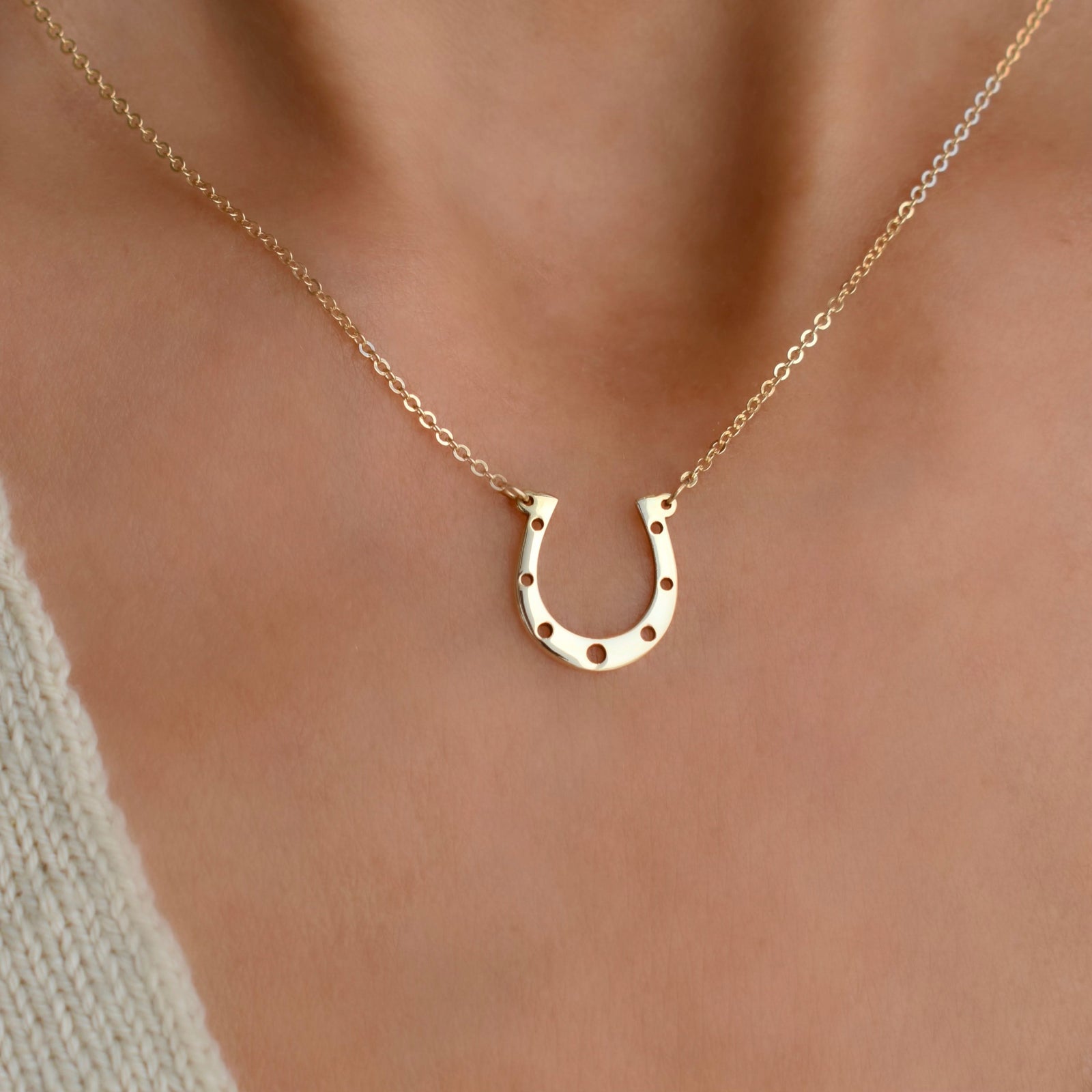 Large Flat Horseshoe Necklace in 14k Gold