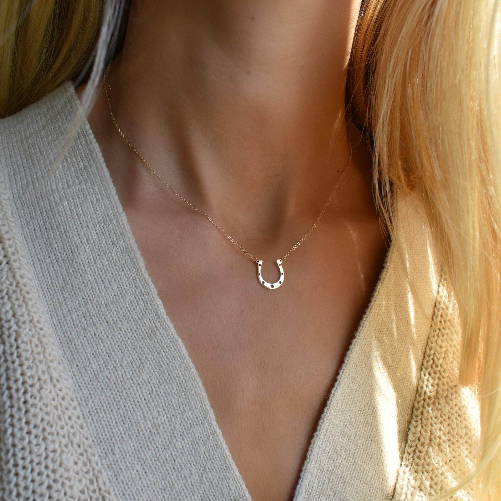 Large Flat Horseshoe Necklace in 14k Gold