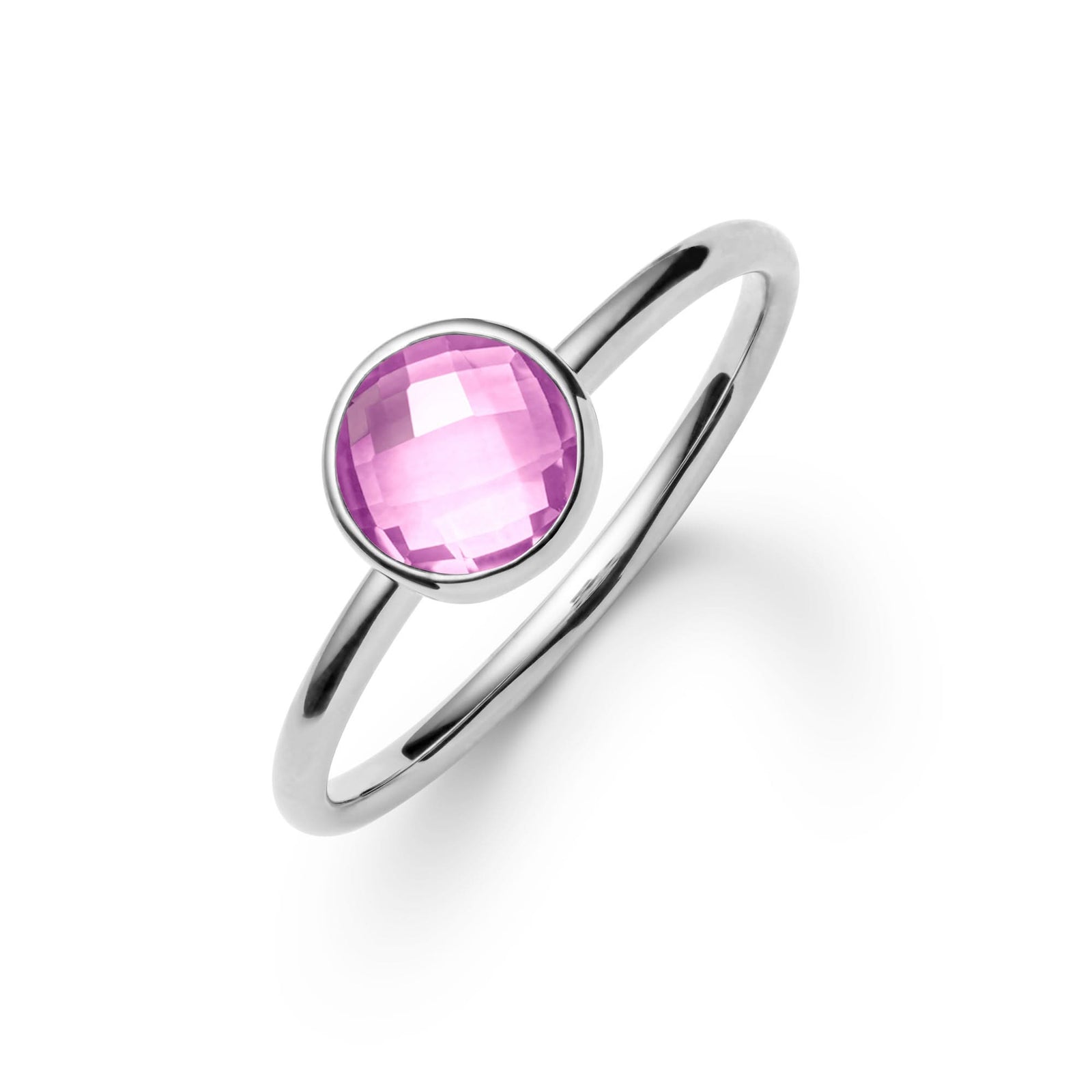 1.6 mm wide 14k white gold Grand ring featuring one 6 mm briolette cut bezel set pink sapphire