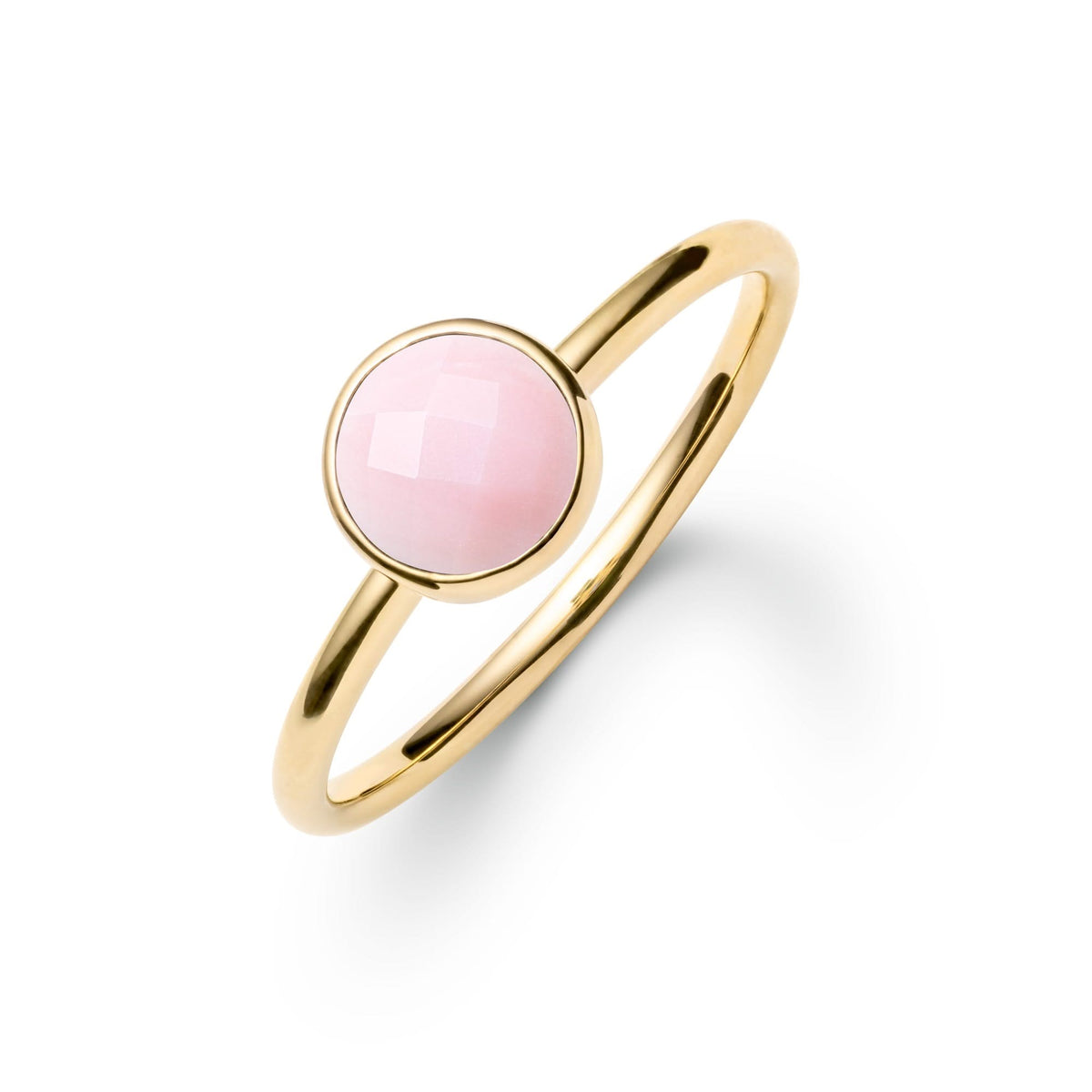 1.6 mm wide 14k yellow gold Grand ring featuring one 6 mm briolette cut bezel set pink opal - angled view