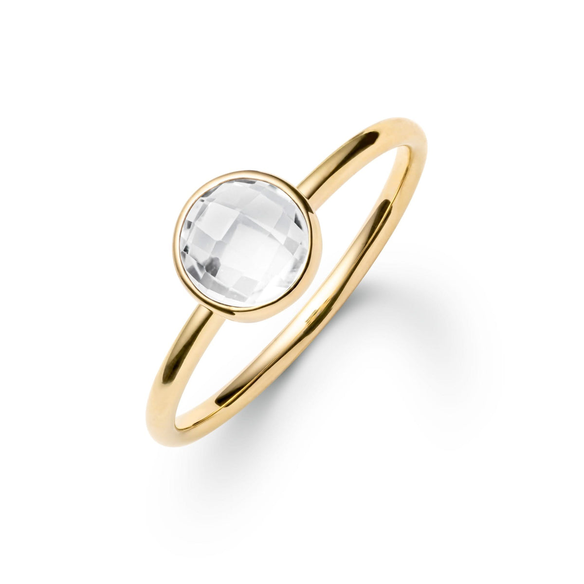 1.6 mm wide 14k yellow gold Grand ring featuring one 6 mm briolette cut bezel set white topaz - angled view
