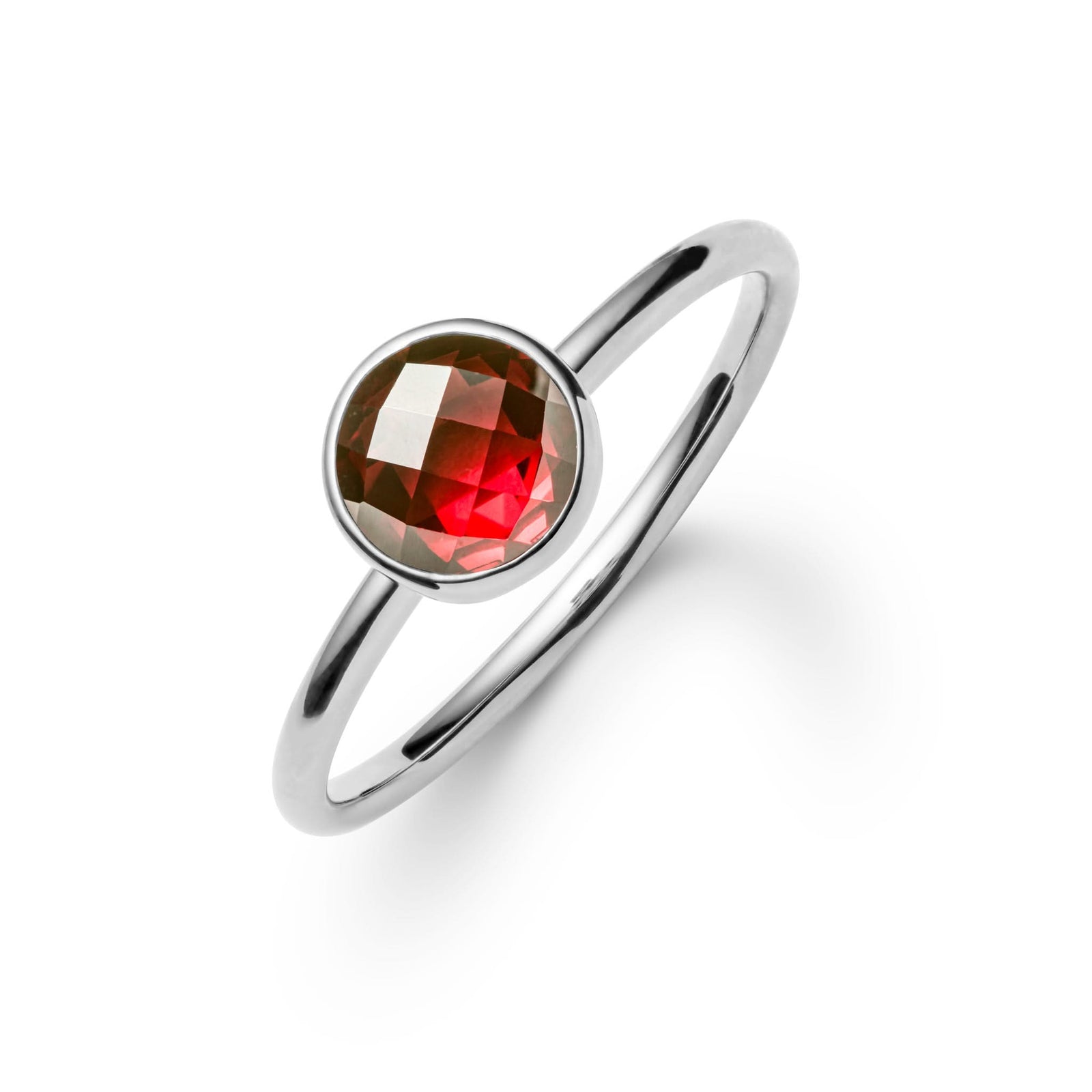 1.6 mm wide 14k white gold Grand ring featuring one 6 mm briolette cut bezel set garnet
