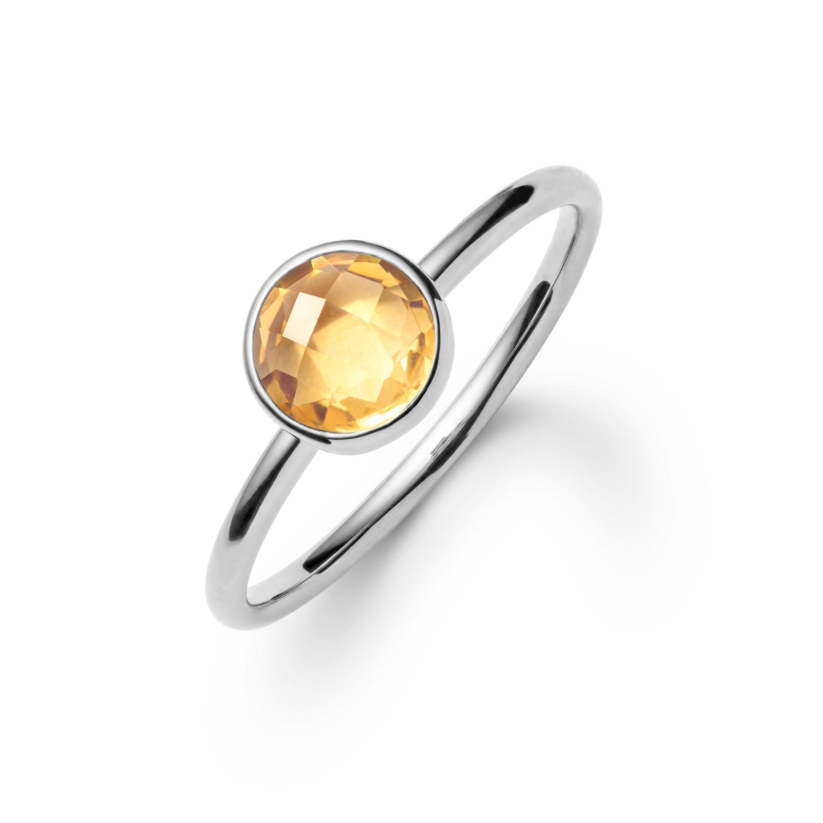 1.6 mm wide 14k white gold Grand ring featuring one 6 mm briolette cut bezel set citrine