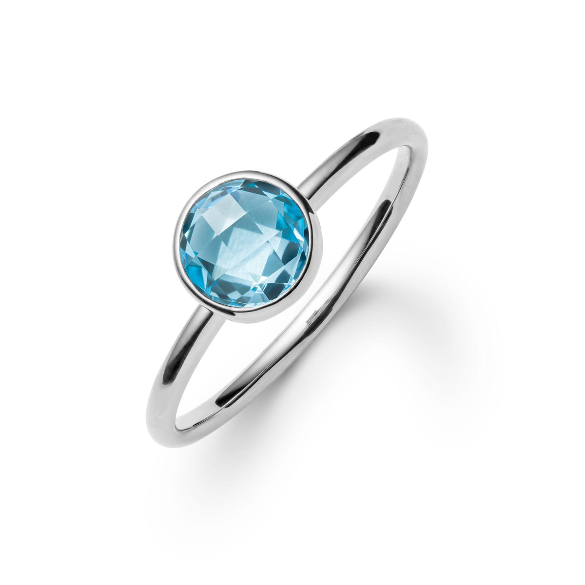 1.6 mm wide 14k white gold Grand ring featuring one 6 mm briolette cut bezel set Nantucket blue topaz